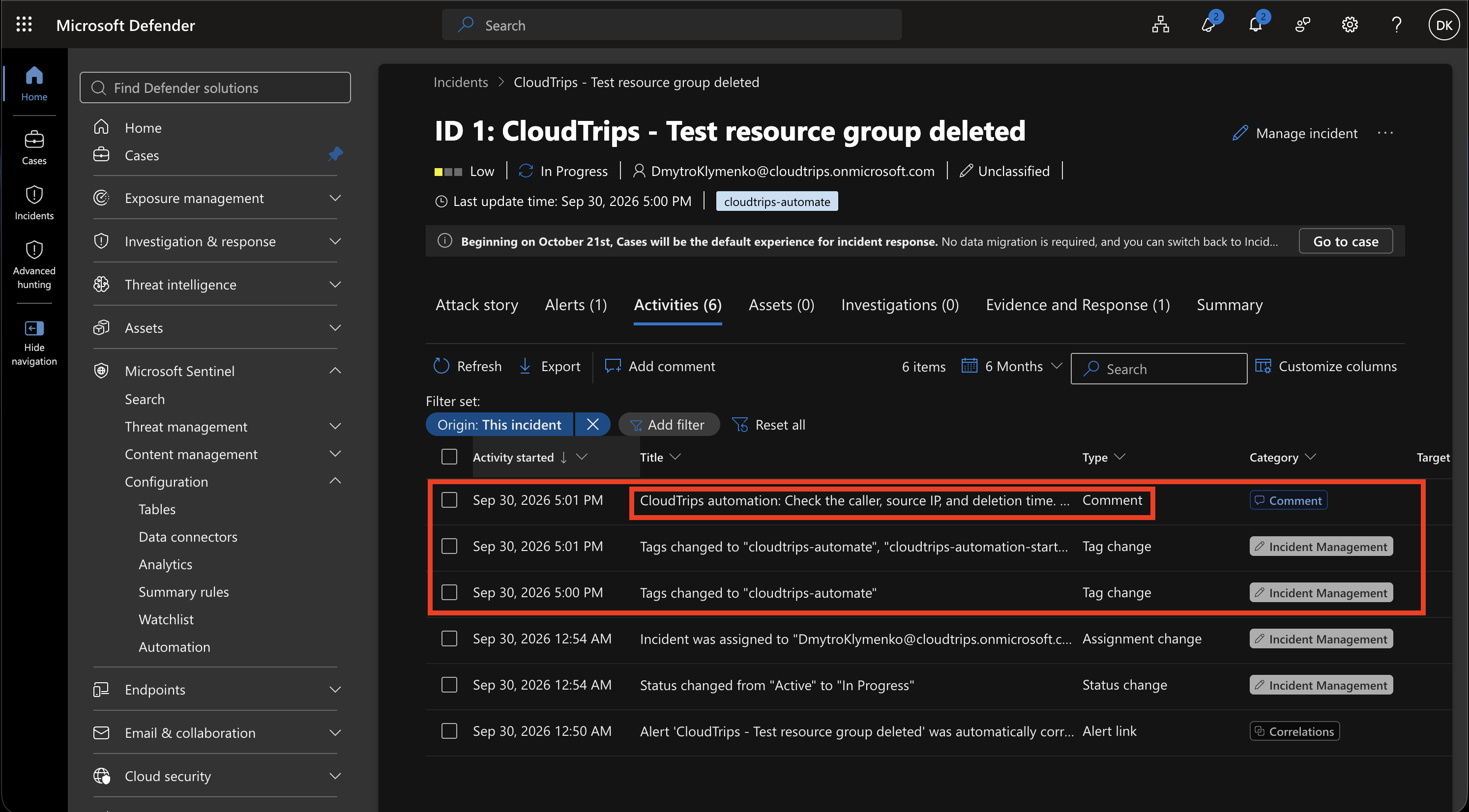 Test incident showing the CloudTrips automation comment and the cloudtrips-automation-started tag