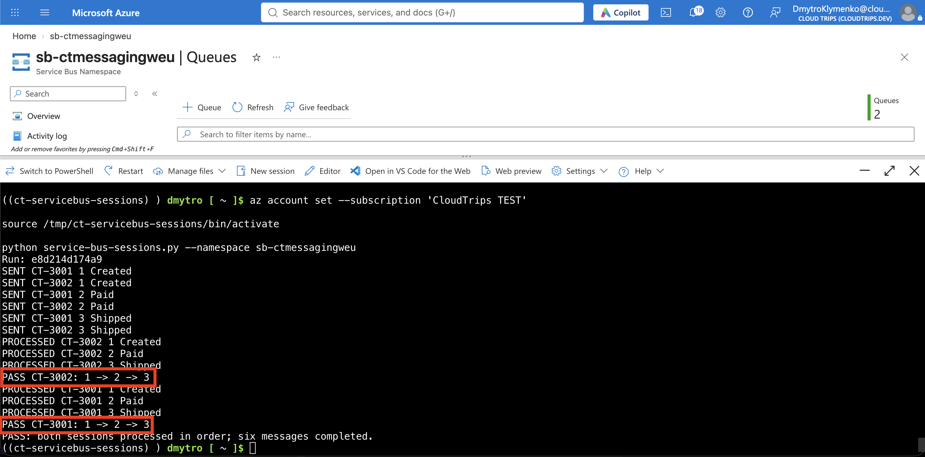 Cloud Shell showing both orders processed as 1 → 2 → 3 and the final PASS result.