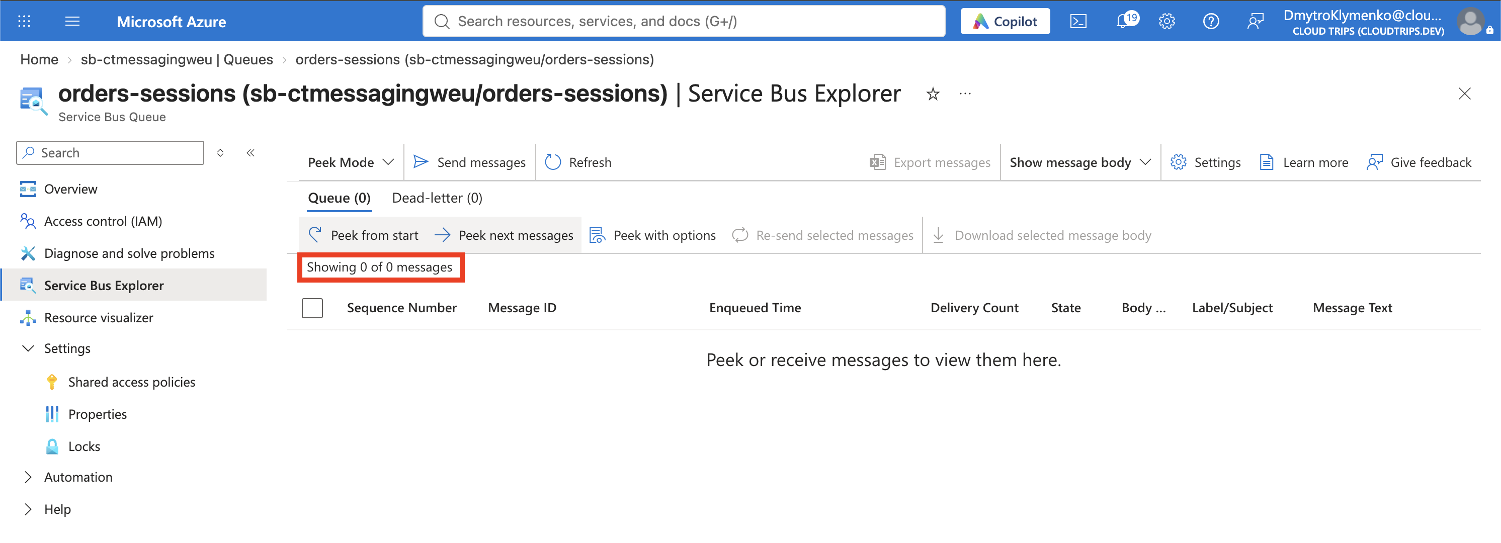 The orders-sessions queue overview showing zero active messages after the successful run.