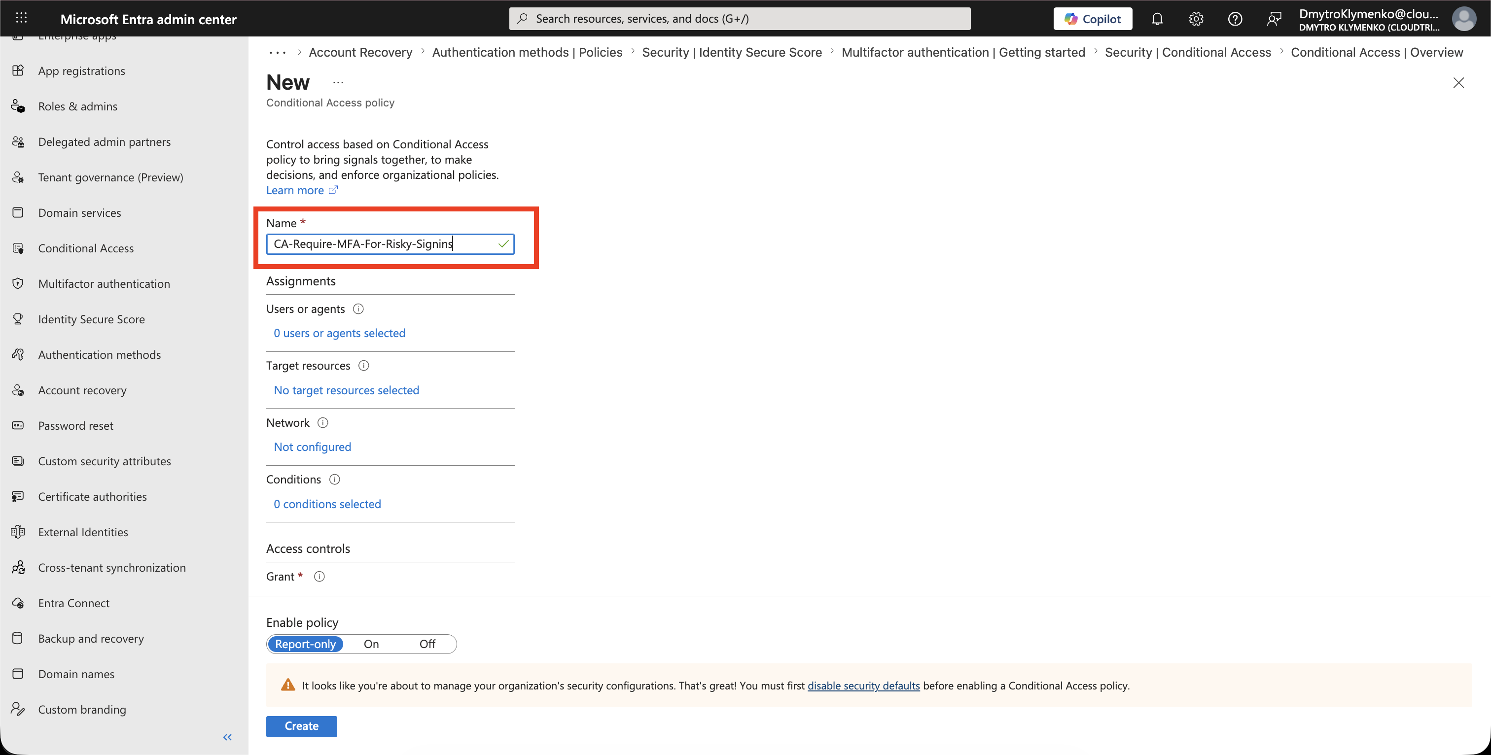 Conditional Access policies page showing a new policy for risky sign-ins