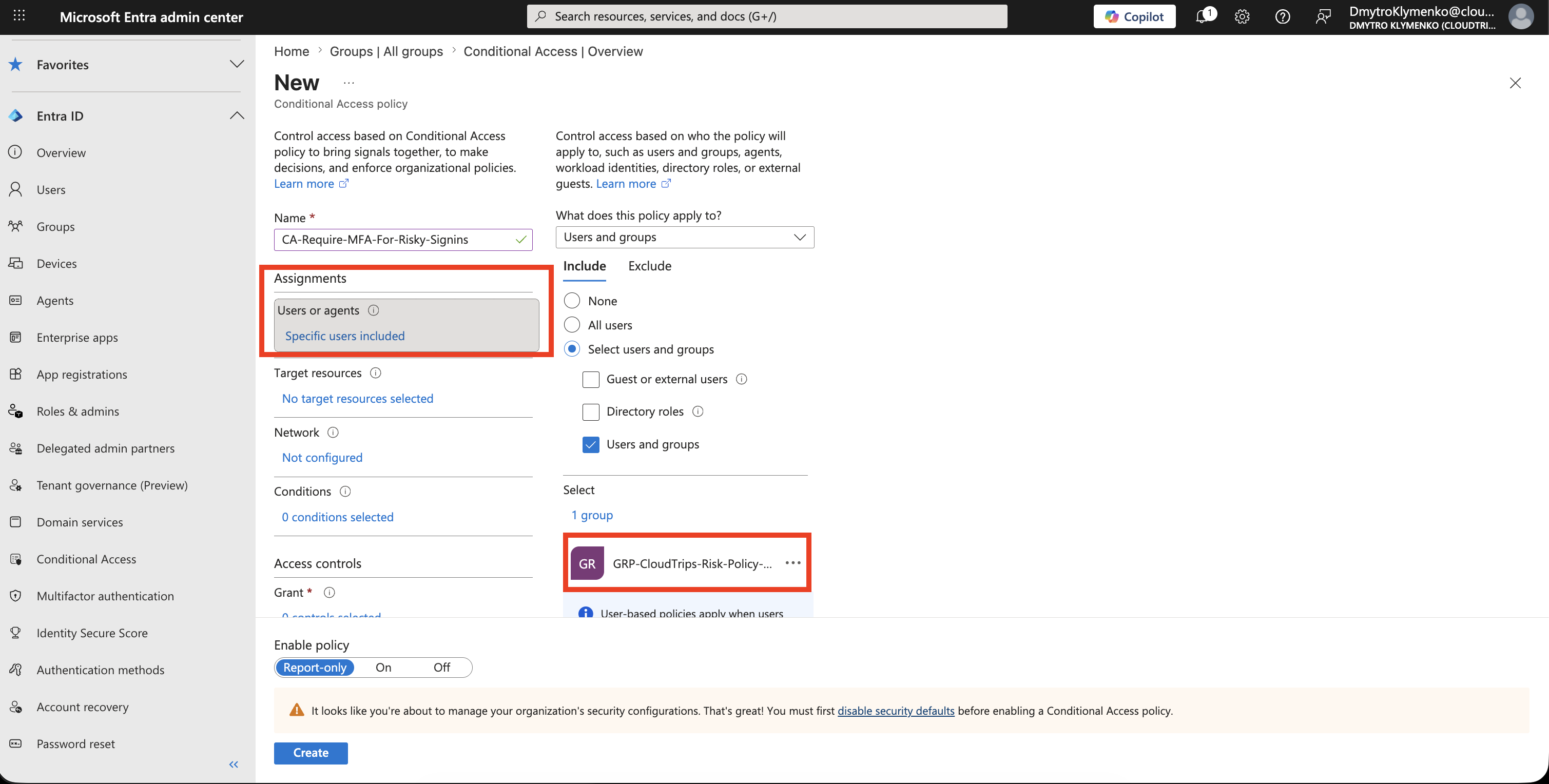 Conditional Access users assignment showing pilot group included for the sign-in risk policy