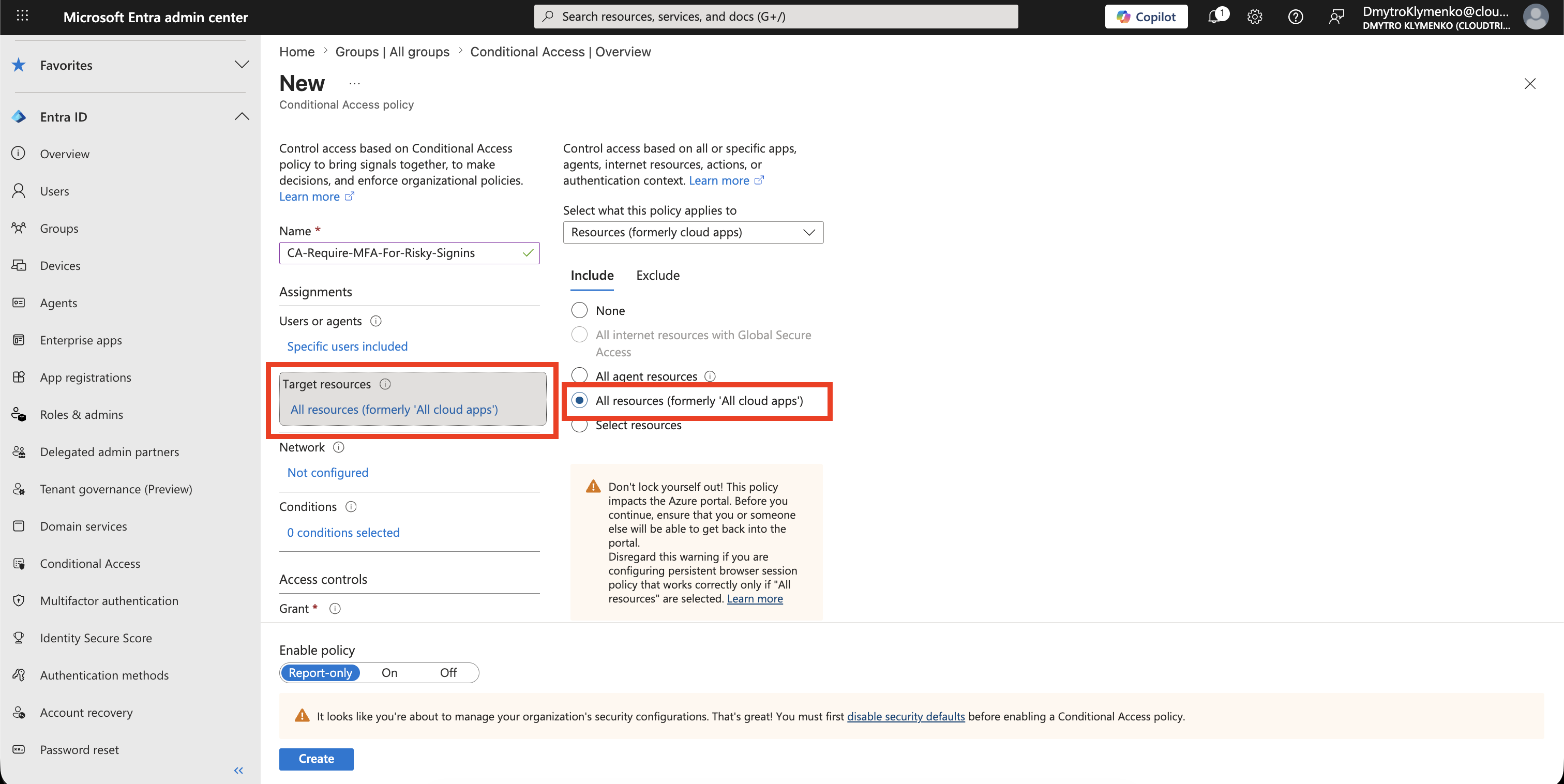 Conditional Access target resources showing all resources selected