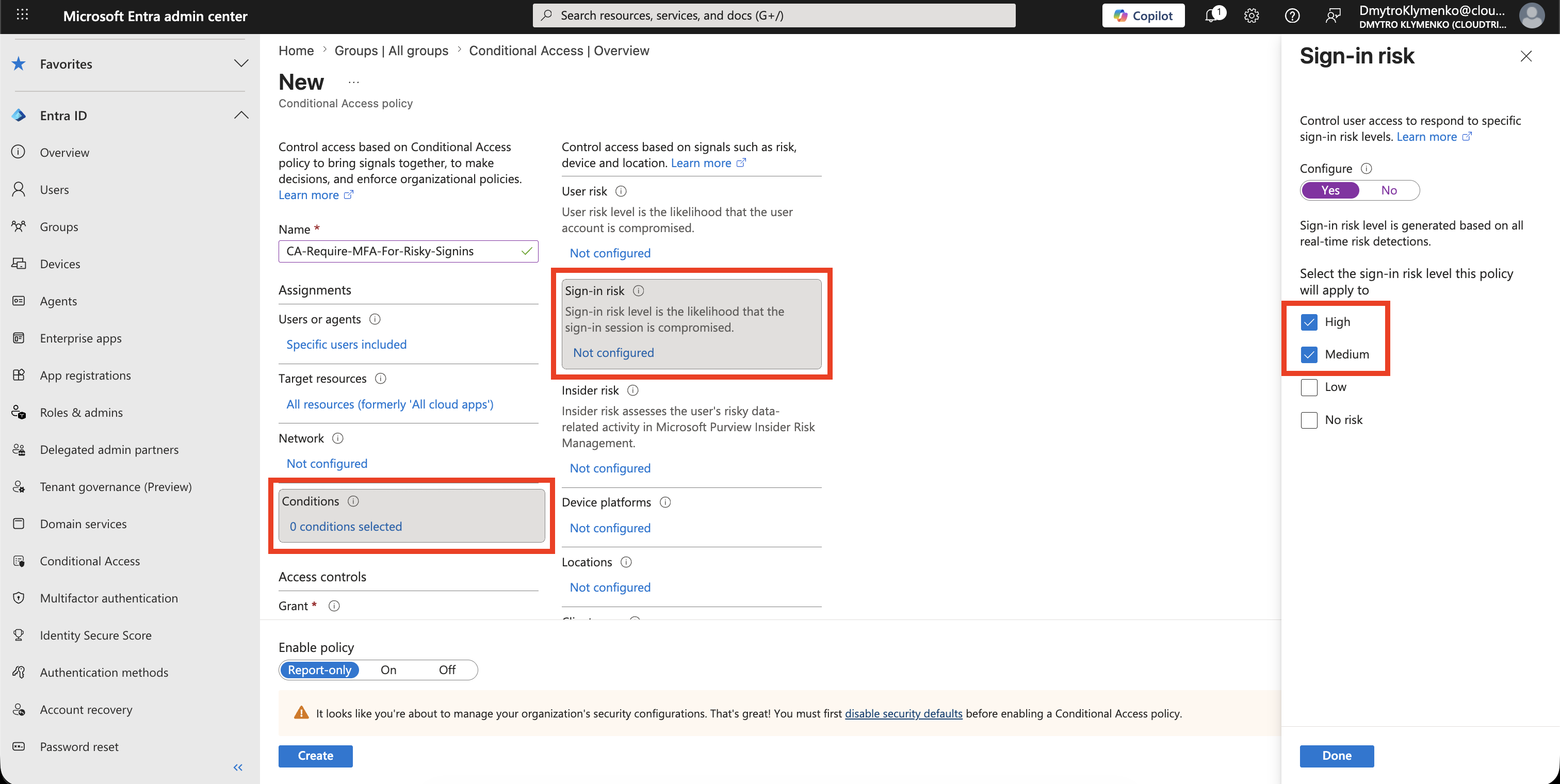 Conditional Access sign-in risk condition showing medium and high risk selected