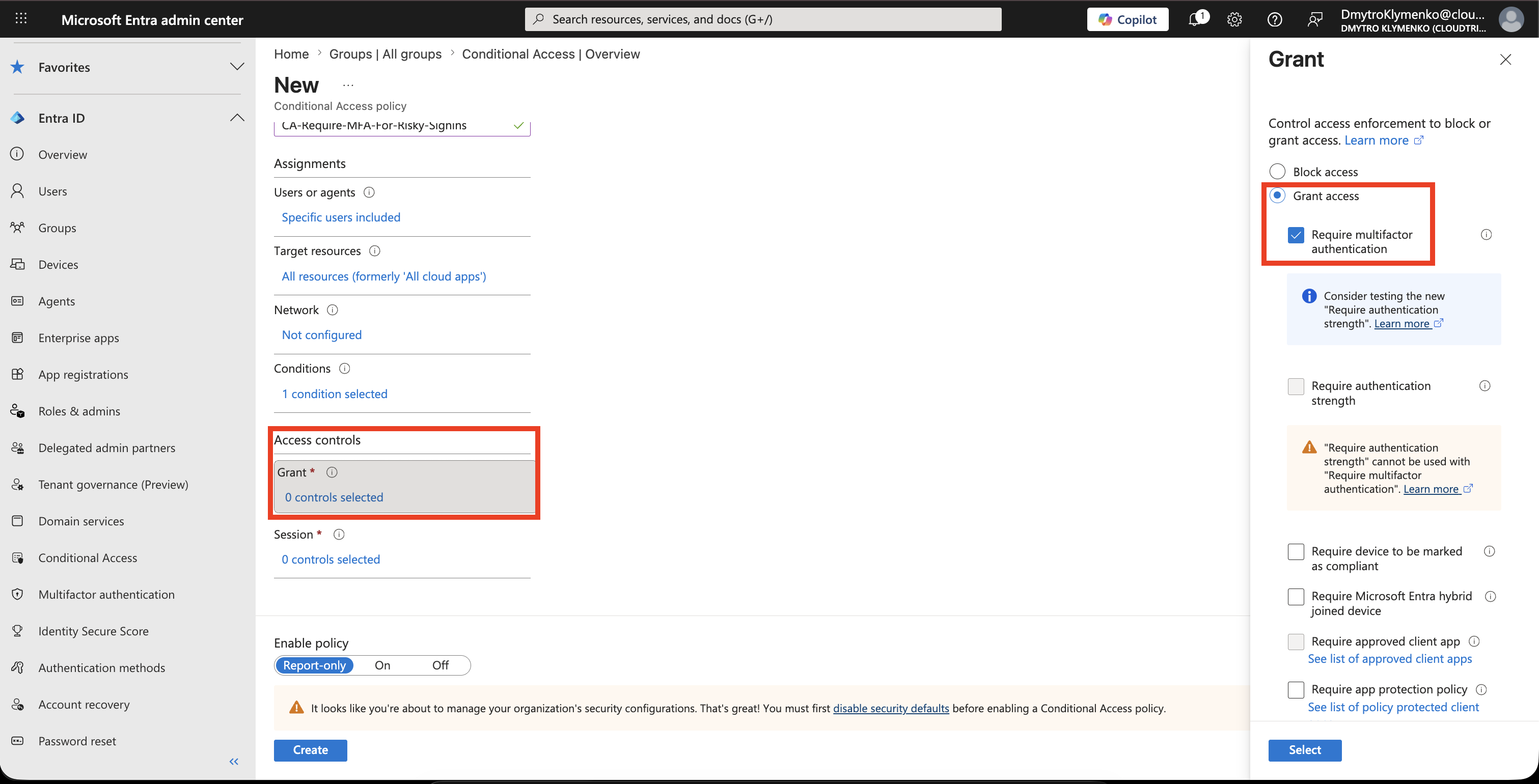 Conditional Access grant controls showing MFA required for risky sign-ins