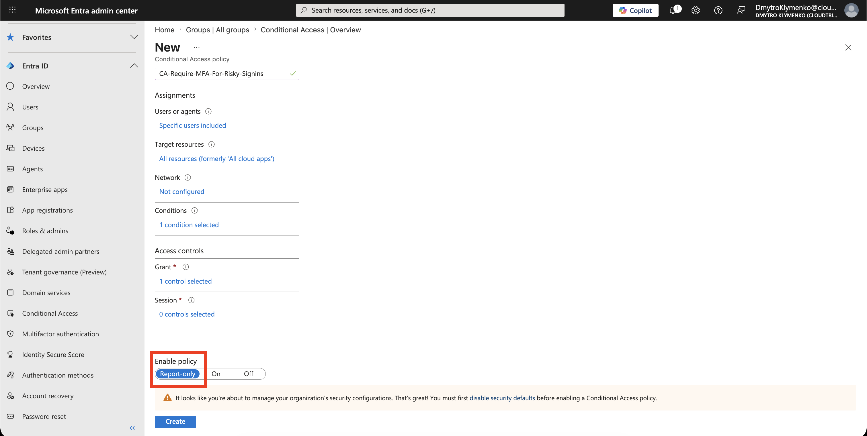 Conditional Access sign-in risk policy set to report-only mode