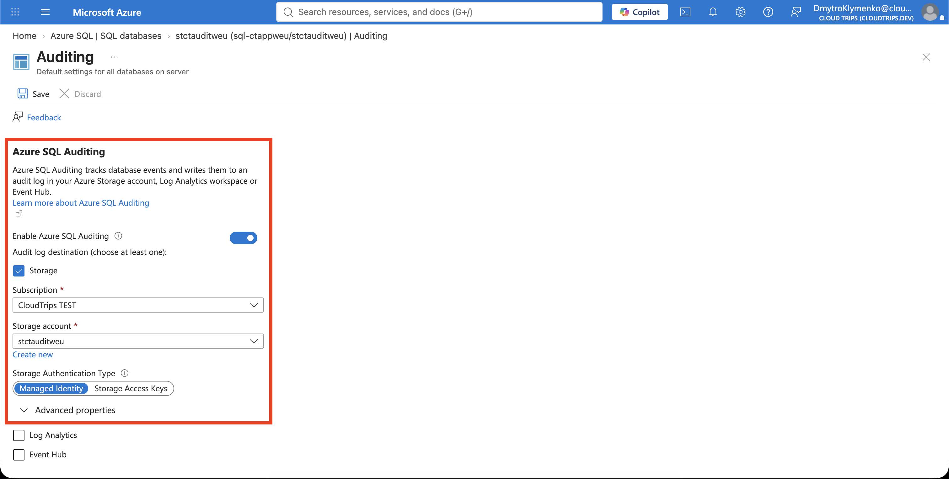 SQL server auditing enabled with stctauditweu storage, managed identity authentication, and seven-day retention