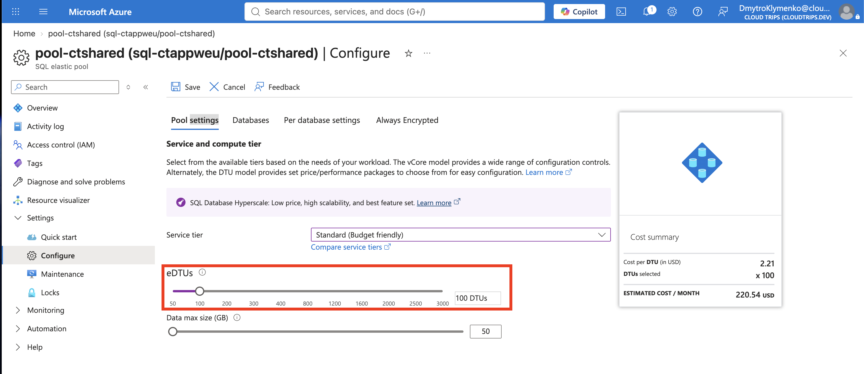 Pool capacity settings showing Standard with 100 eDTUs
