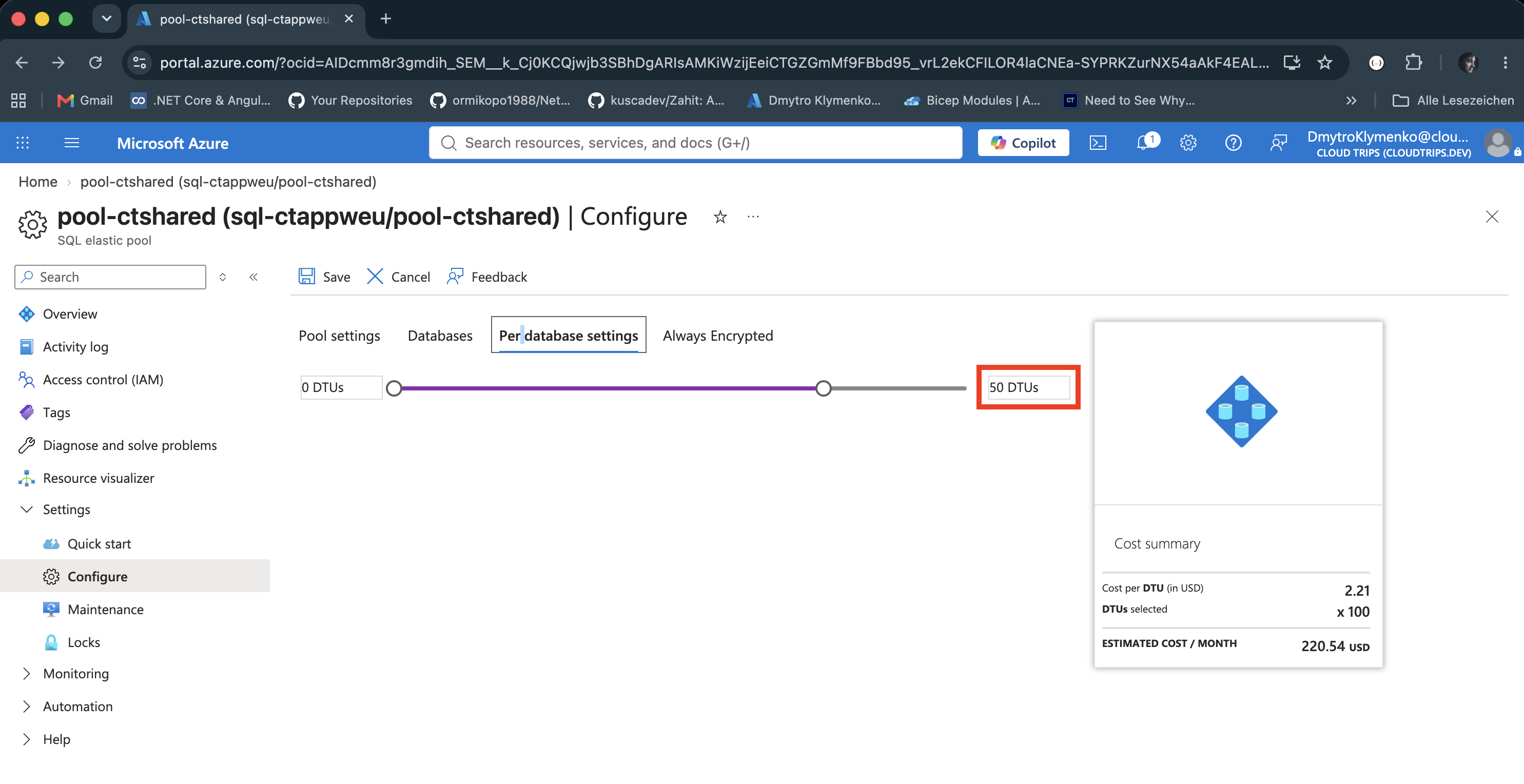 Per-database settings showing a minimum of 0 DTUs and maximum of 50 DTUs