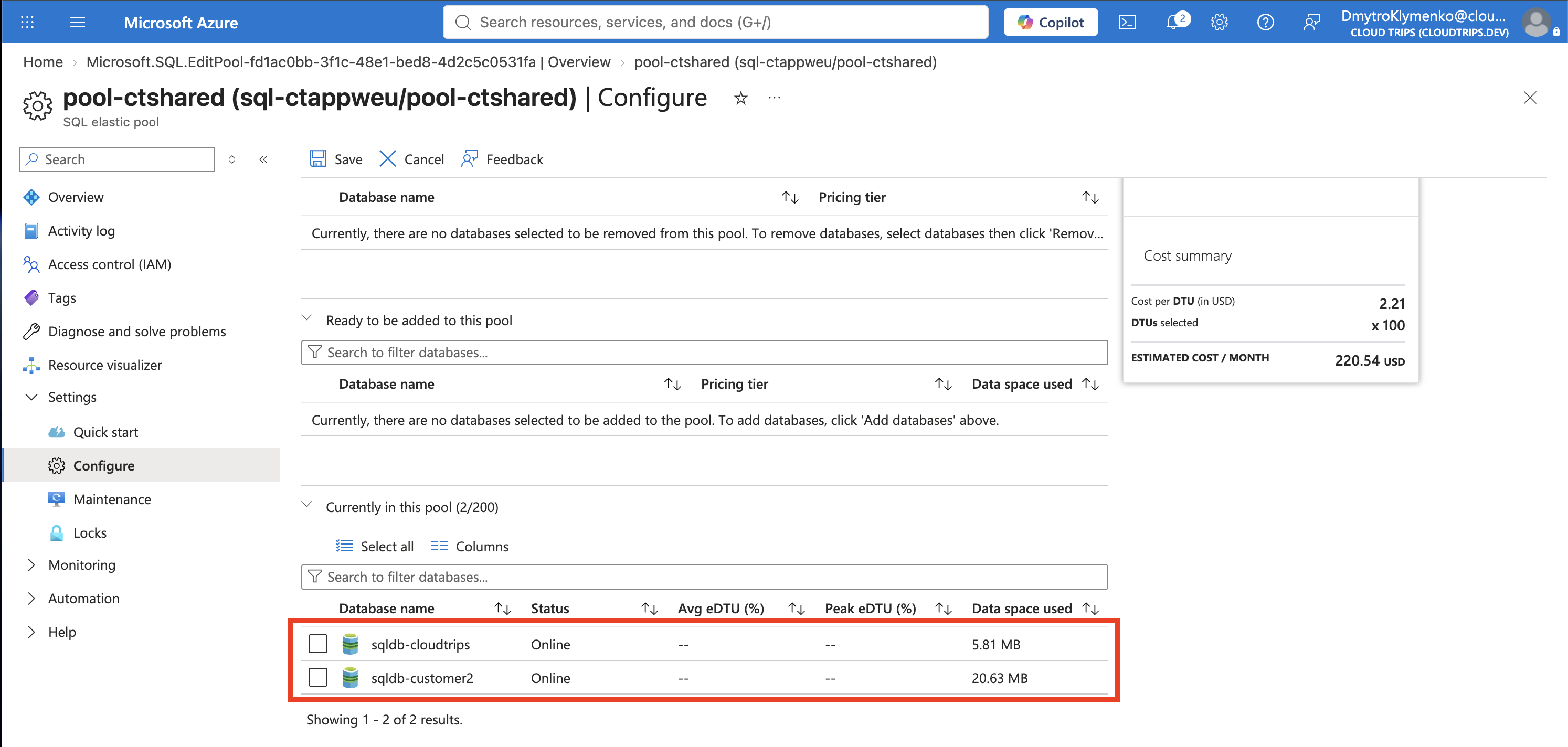 Elastic pool database list containing sqldb-cloudtrips and sqldb-customer2