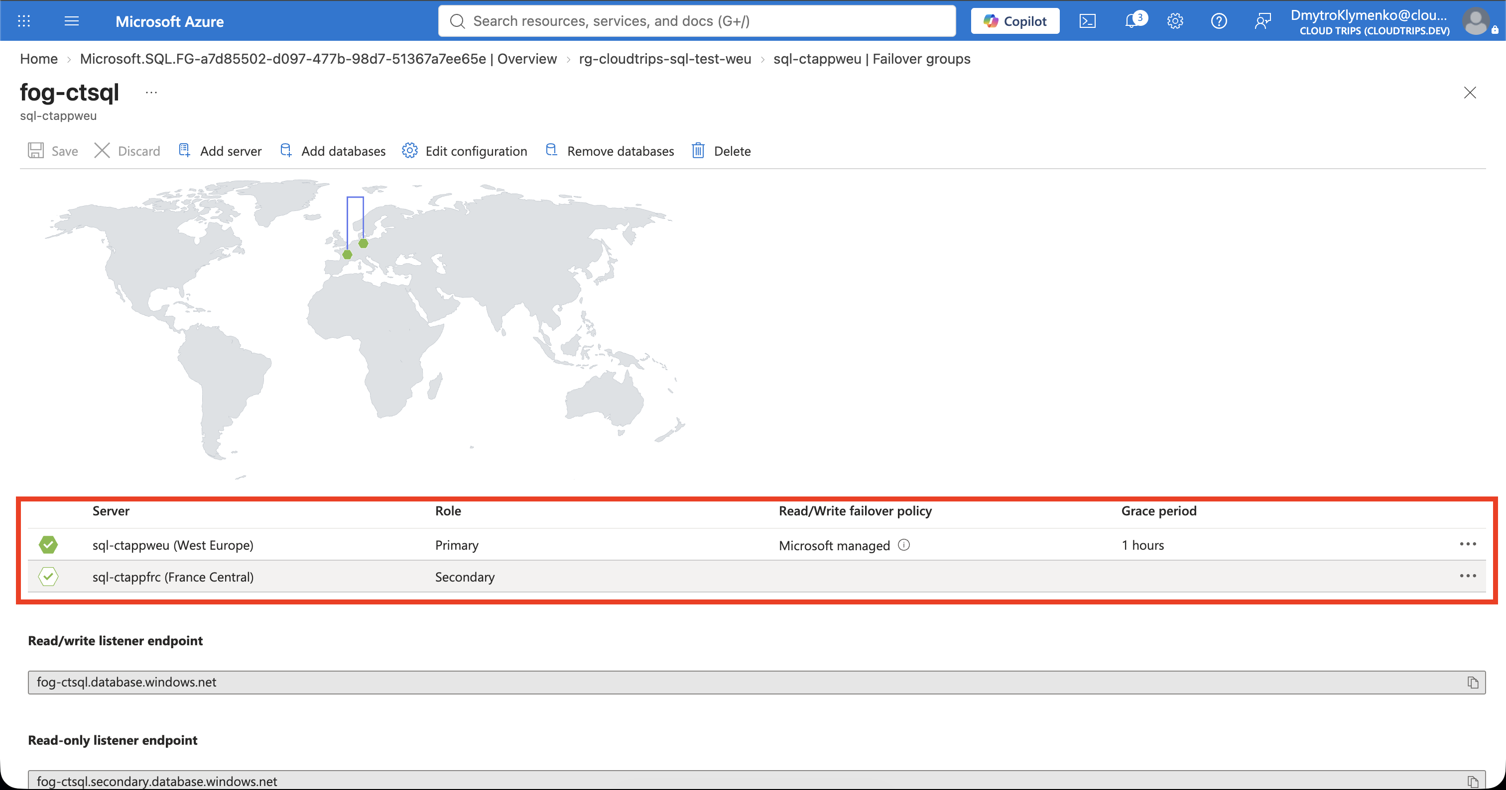 Failovergruppen-Konfiguration mit sql-ctappfrc, sqldb-cloudtrips, Microsoft-managed-Richtlinie und einer Stunde Wartezeit