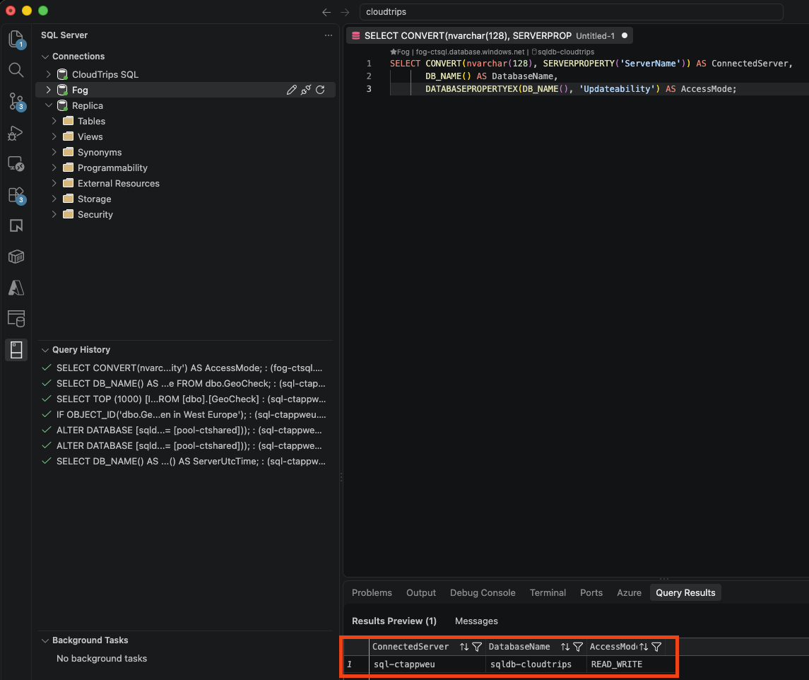 Verbindung über den Listener der Failovergruppe mit sql-ctappweu und READ_WRITE