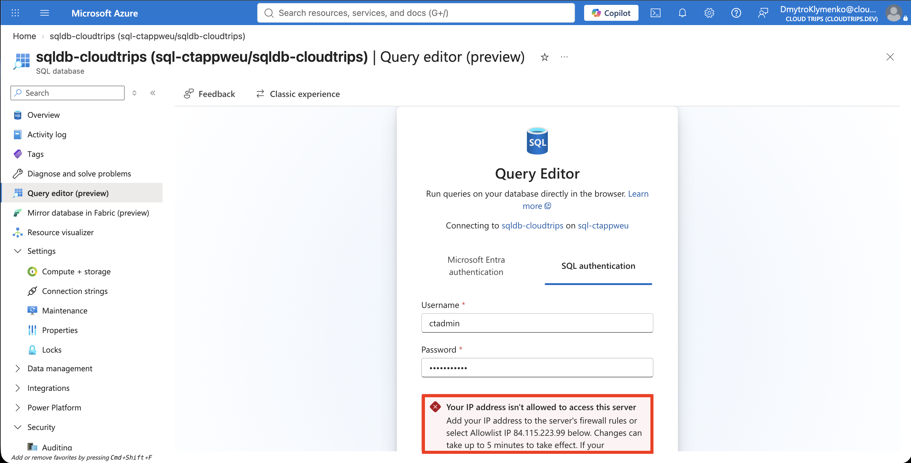 Query editor rejecting a connection because the client public IP is not allowed
