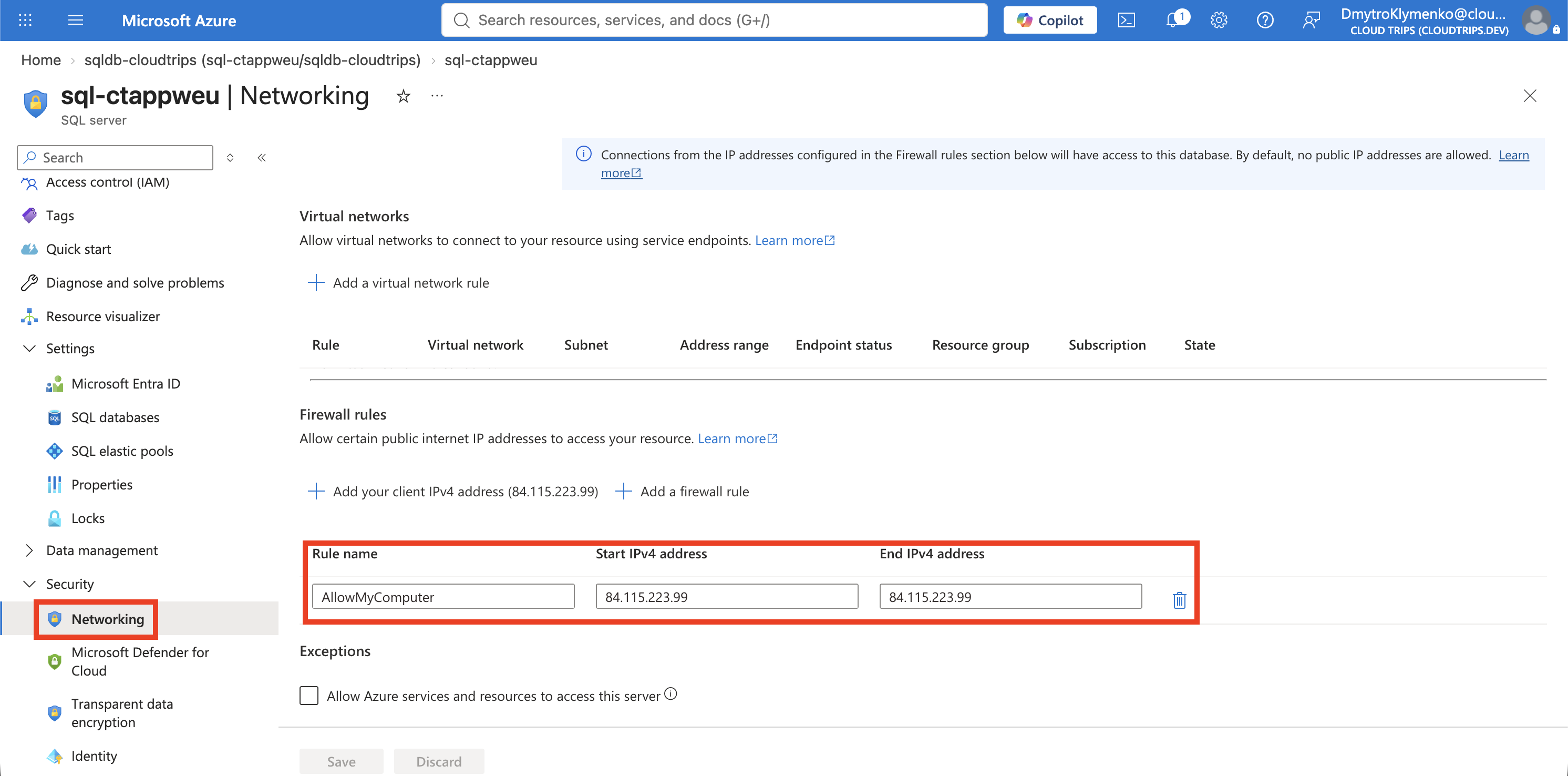 SQL server firewall showing AllowMyComputer with identical start and end public IP addresses and the Azure-services exception disabled