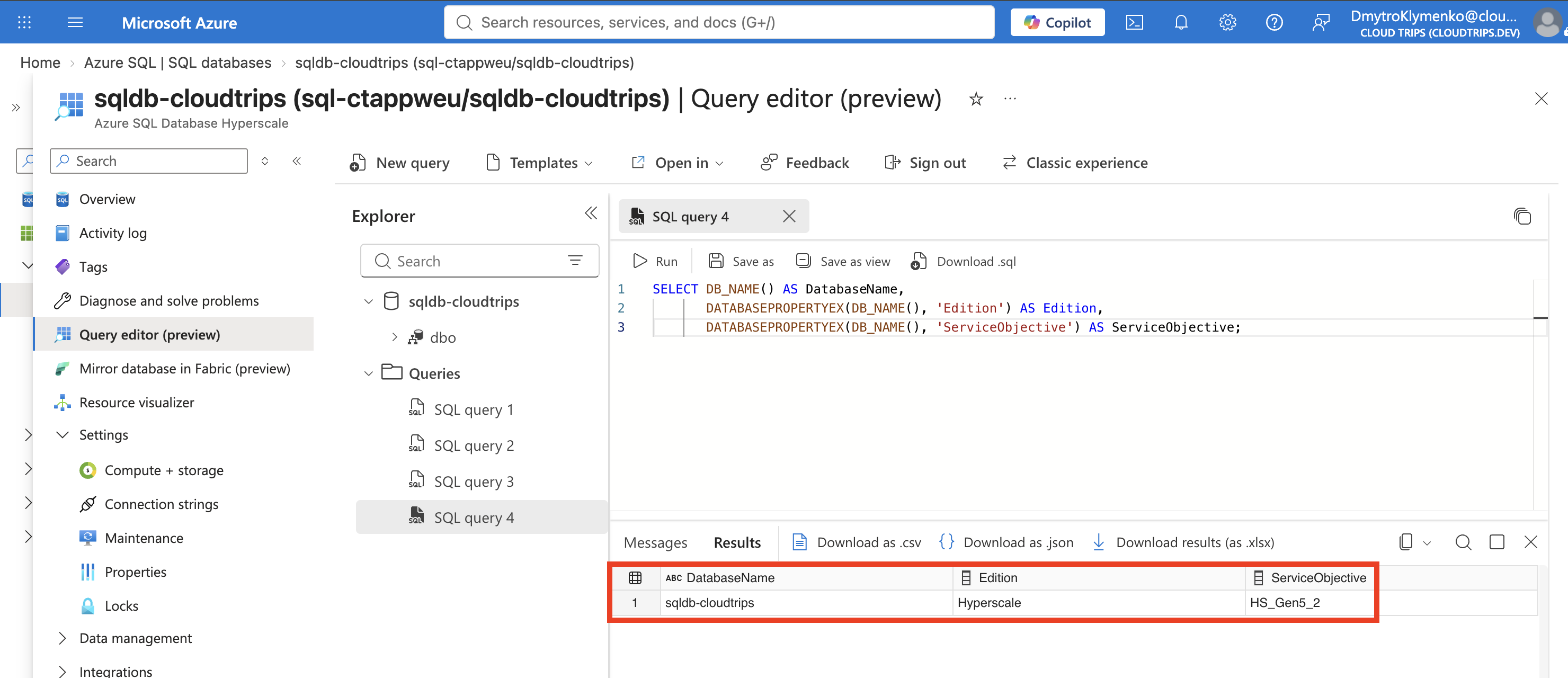 Query result showing sqldb-cloudtrips, Hyperscale edition, and HS_Gen5_2 service objective