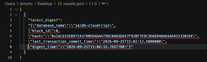 Generated ledger digest containing the database name, block ID, hash, and timestamps