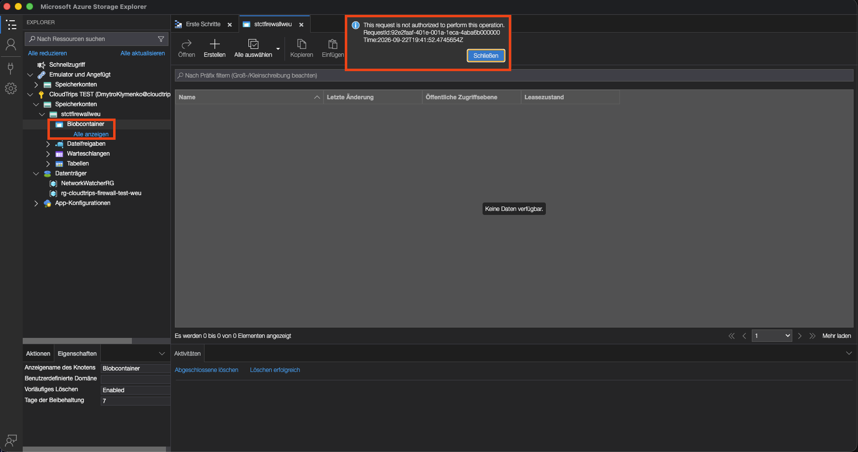 Storage Explorer mit verweigertem Datenzugriff nach Entfernen der Client-IP-Regel