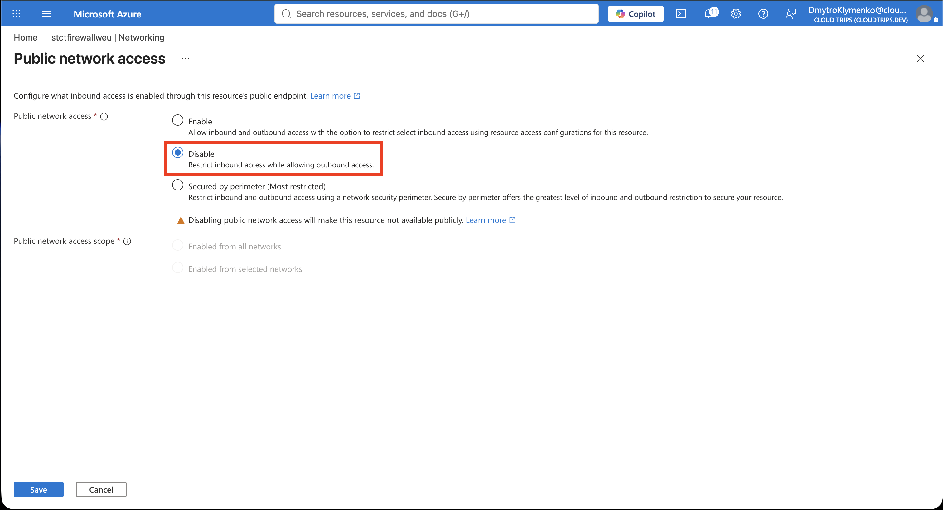 Networking-Seite des Storage Accounts mit deaktiviertem öffentlichem Netzwerkzugriff