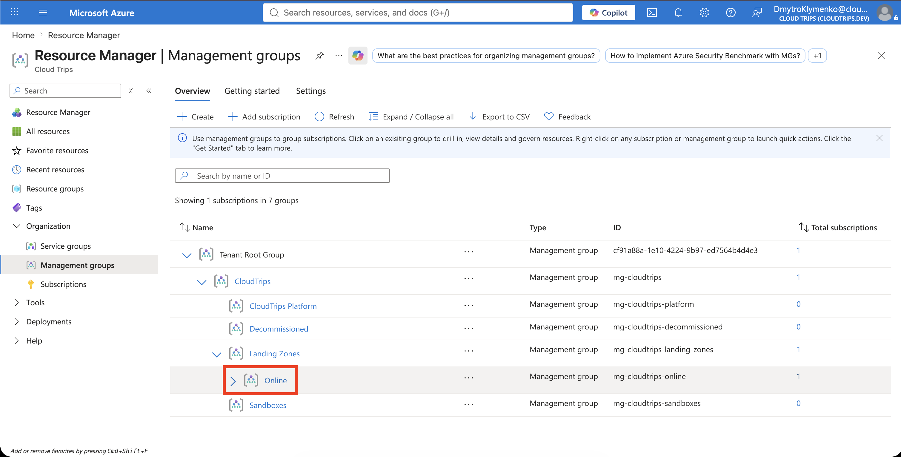 Management-groups-Hierarchie mit erweitertem Online und sichtbarem CloudTrips DEV