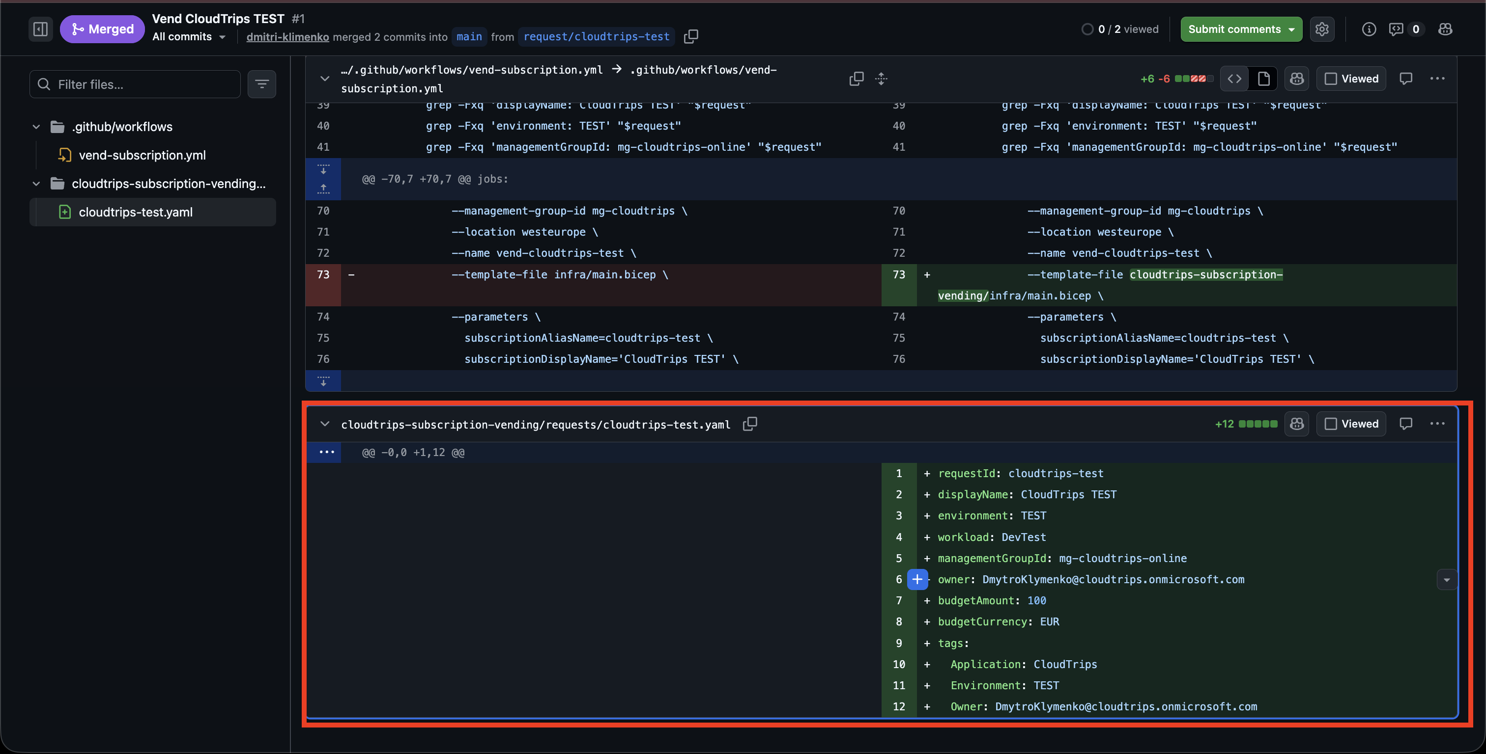 Pull Request mit der geprüften Subscription-Anforderung für CloudTrips TEST
