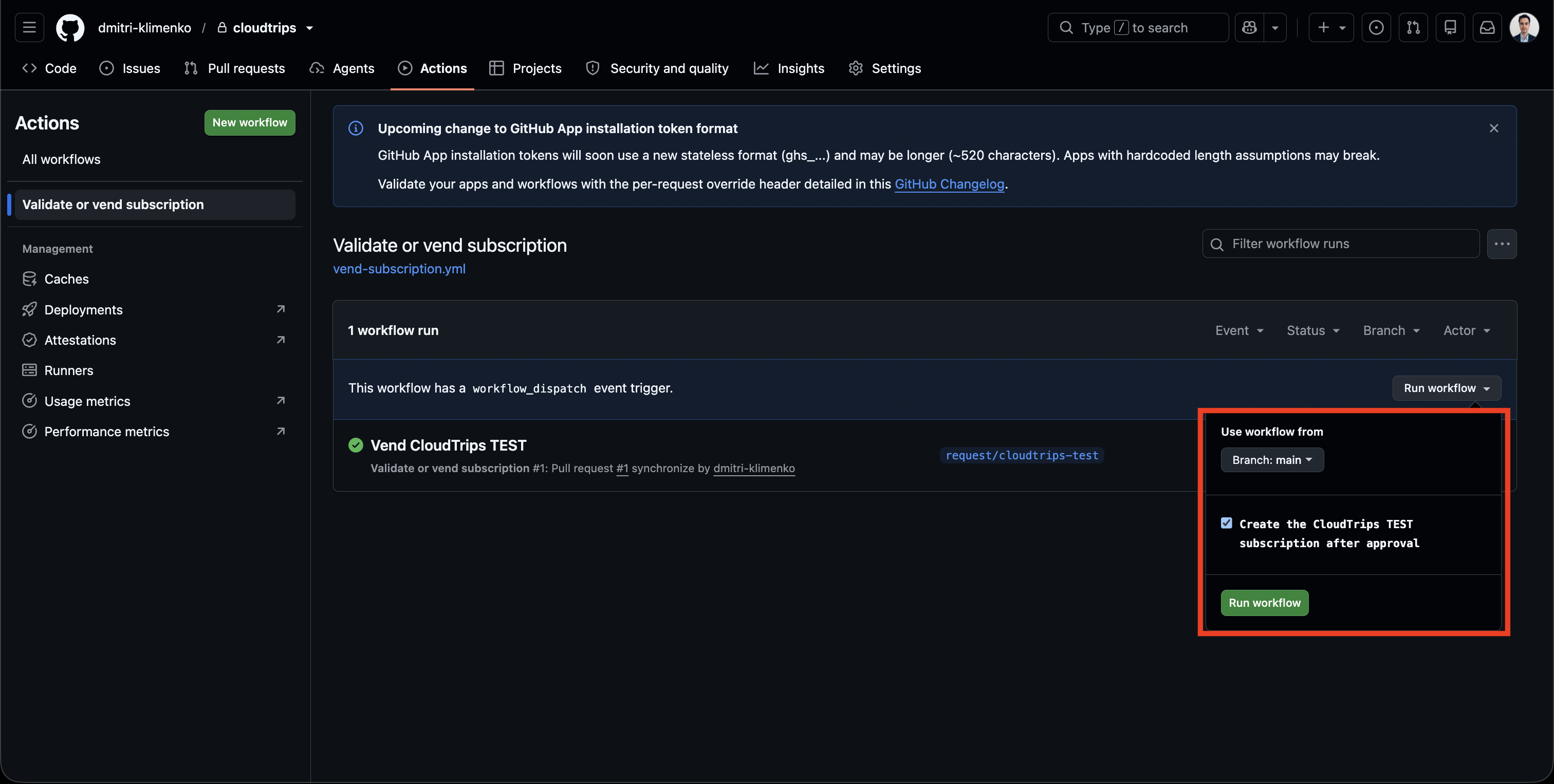 Erfolgreicher Subscription-Vending-Pipeline-Lauf für CloudTrips TEST