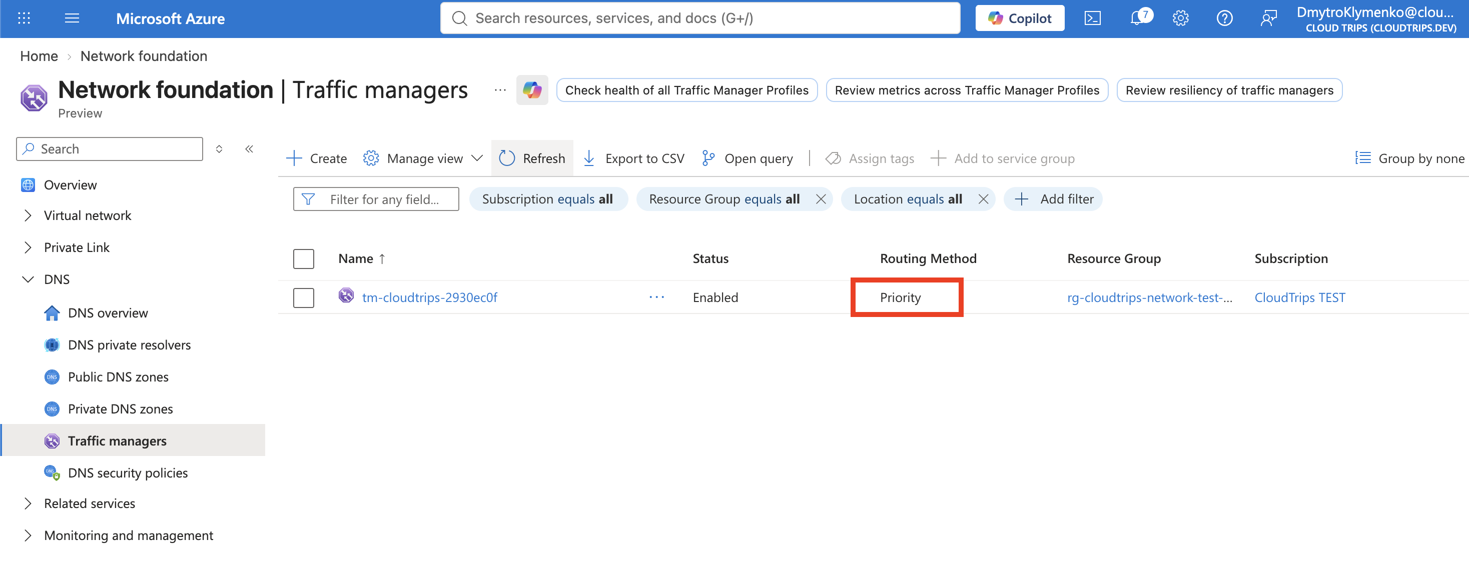 Traffic Manager profile creation using Priority routing for CloudTrips