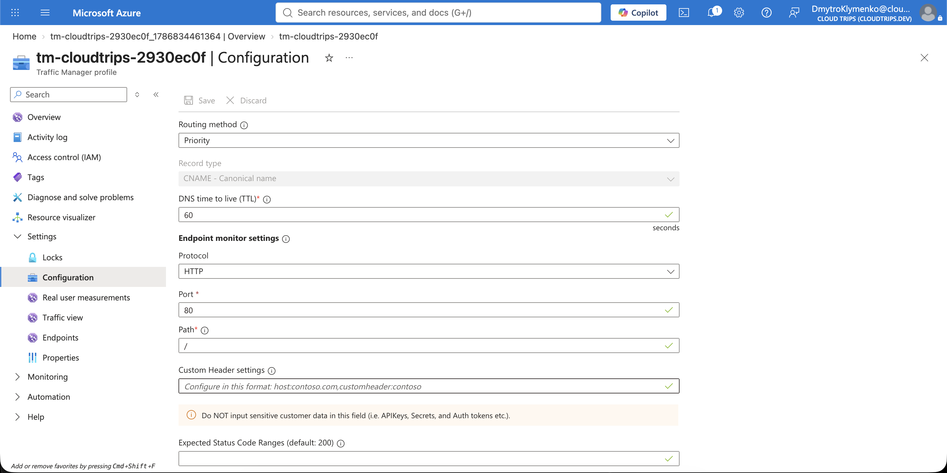 Traffic Manager DNS TTL and HTTP endpoint monitoring configuration