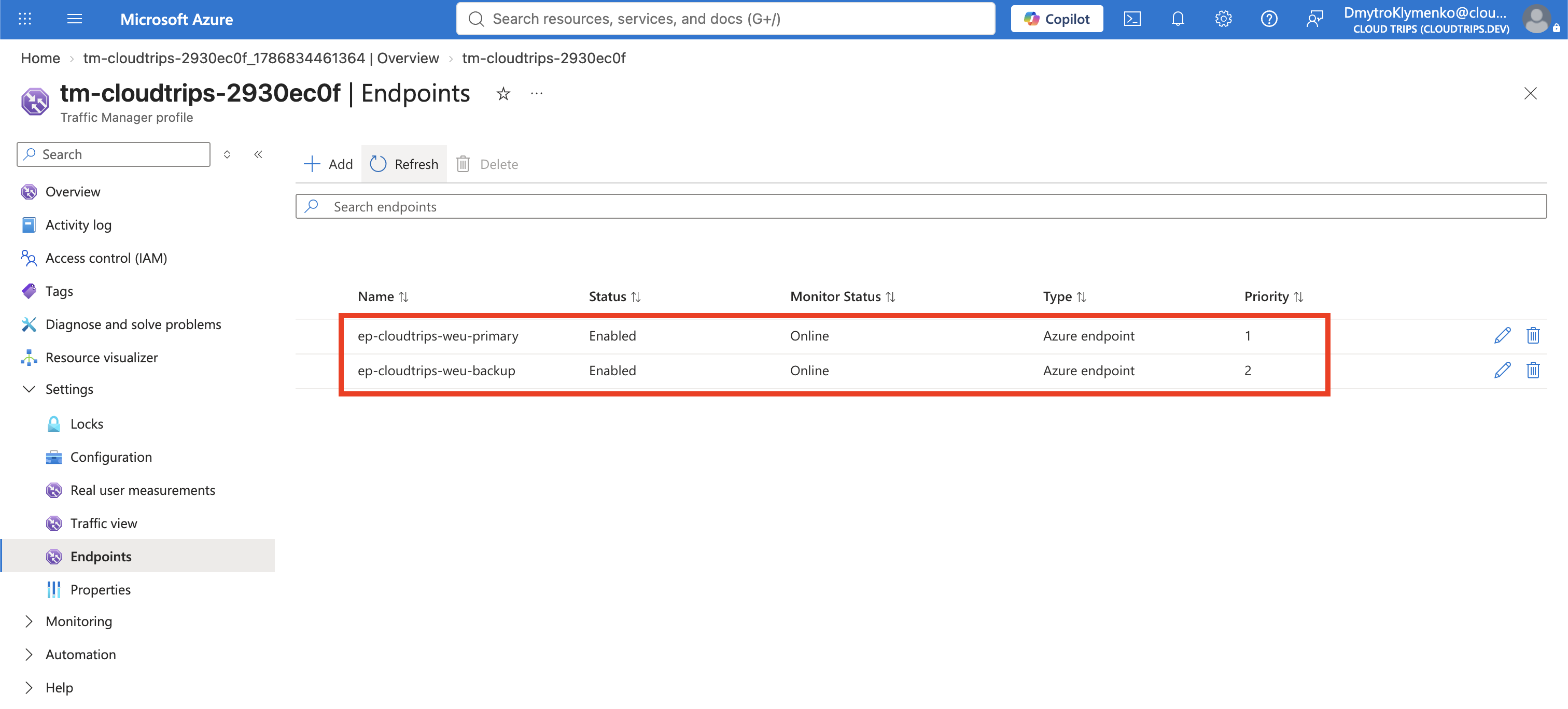 Traffic Manager endpoints showing the original public IP at priority 1 and backup public IP at priority 2 with Online status