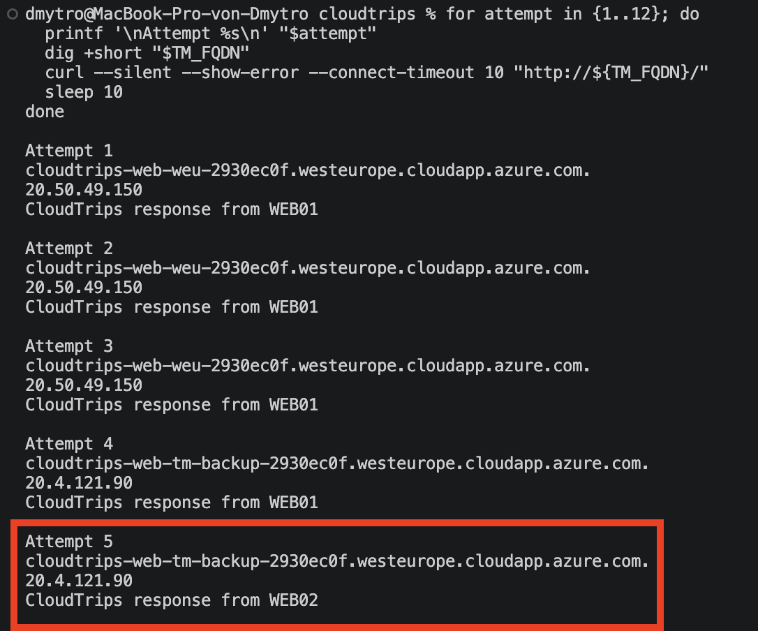 Terminal showing the Traffic Manager name switching from the original to the backup public IP