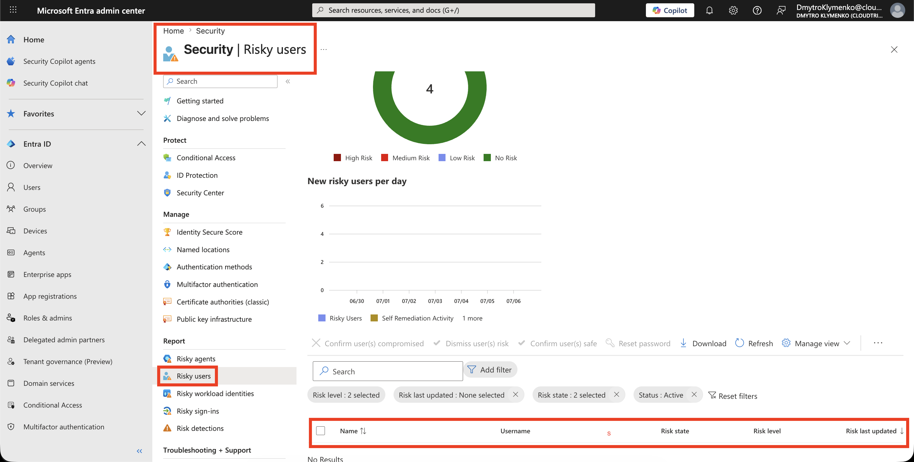 Microsoft Entra Identity Secure Score Risky Users Liste mit User Risk State und Risk Level