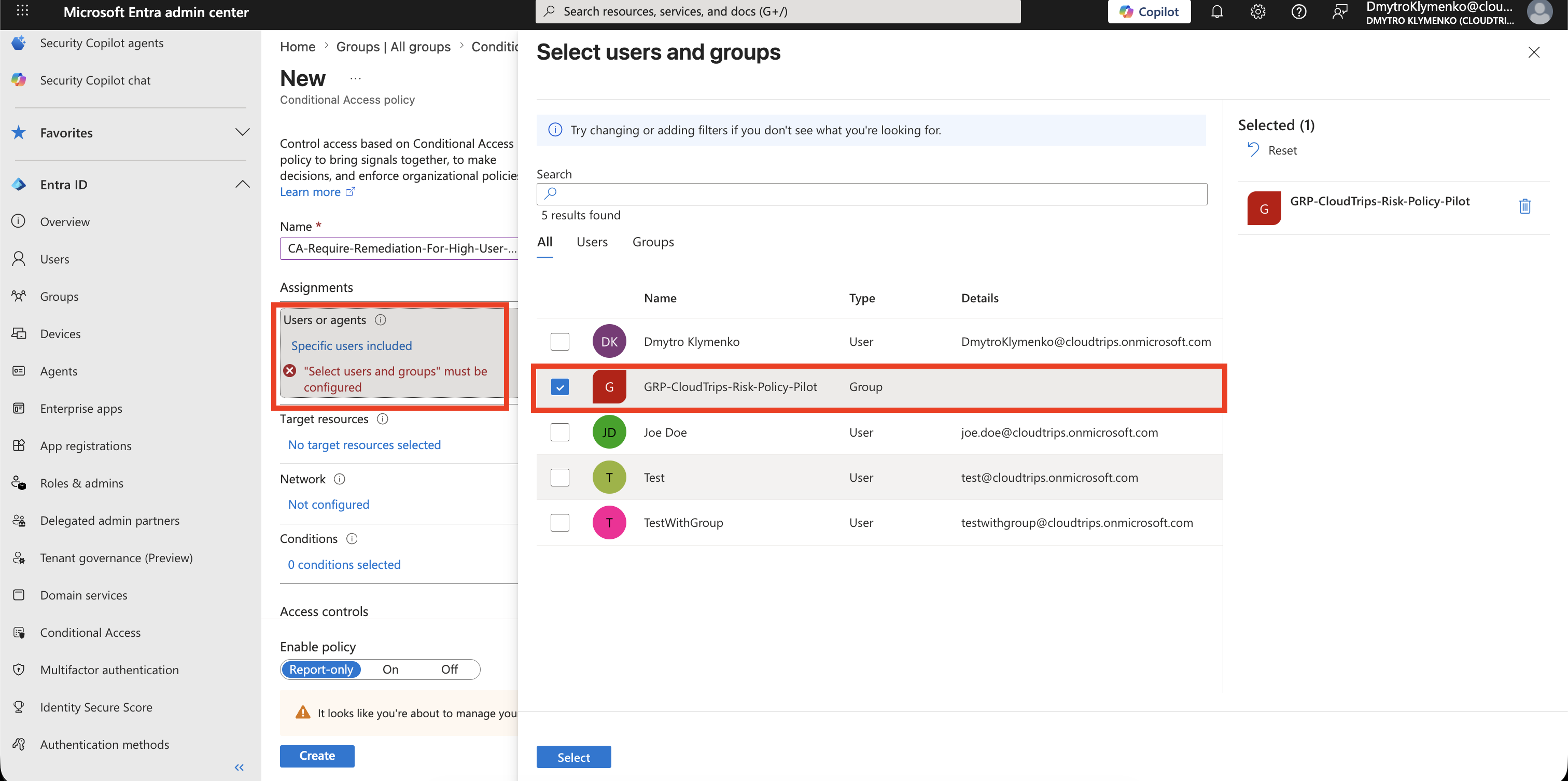 Conditional Access Users Assignment mit Pilotgruppe fuer die User Risk Policy