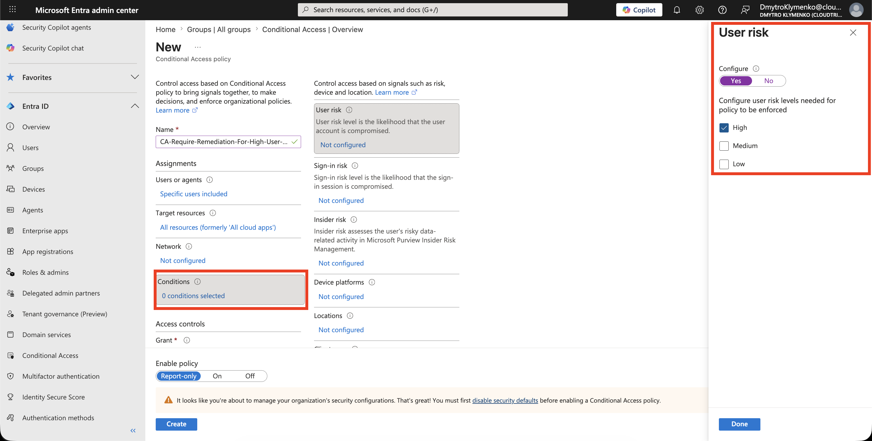 Conditional Access User Risk Condition mit High Risk ausgewaehlt