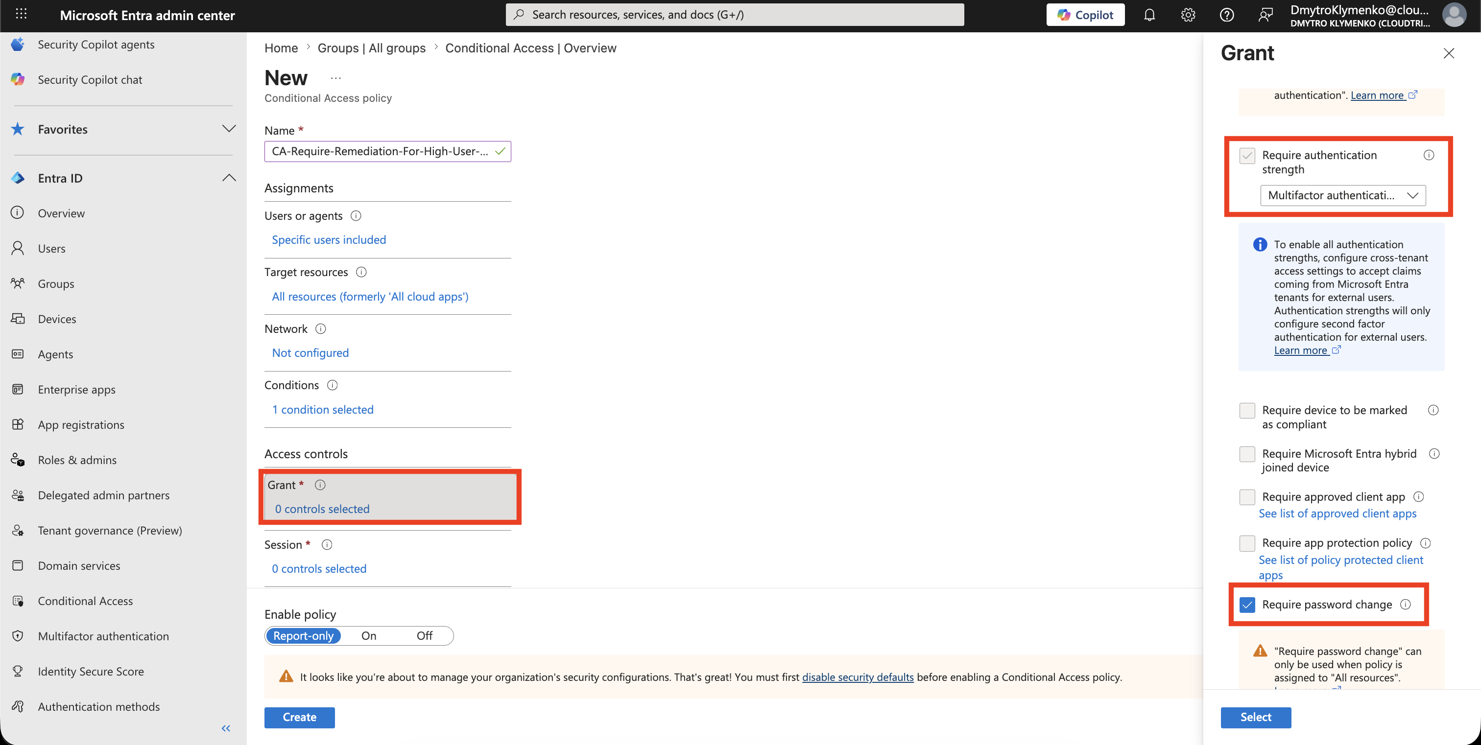 Conditional Access Grant Controls mit Password Change oder Risk Remediation fuer High User Risk