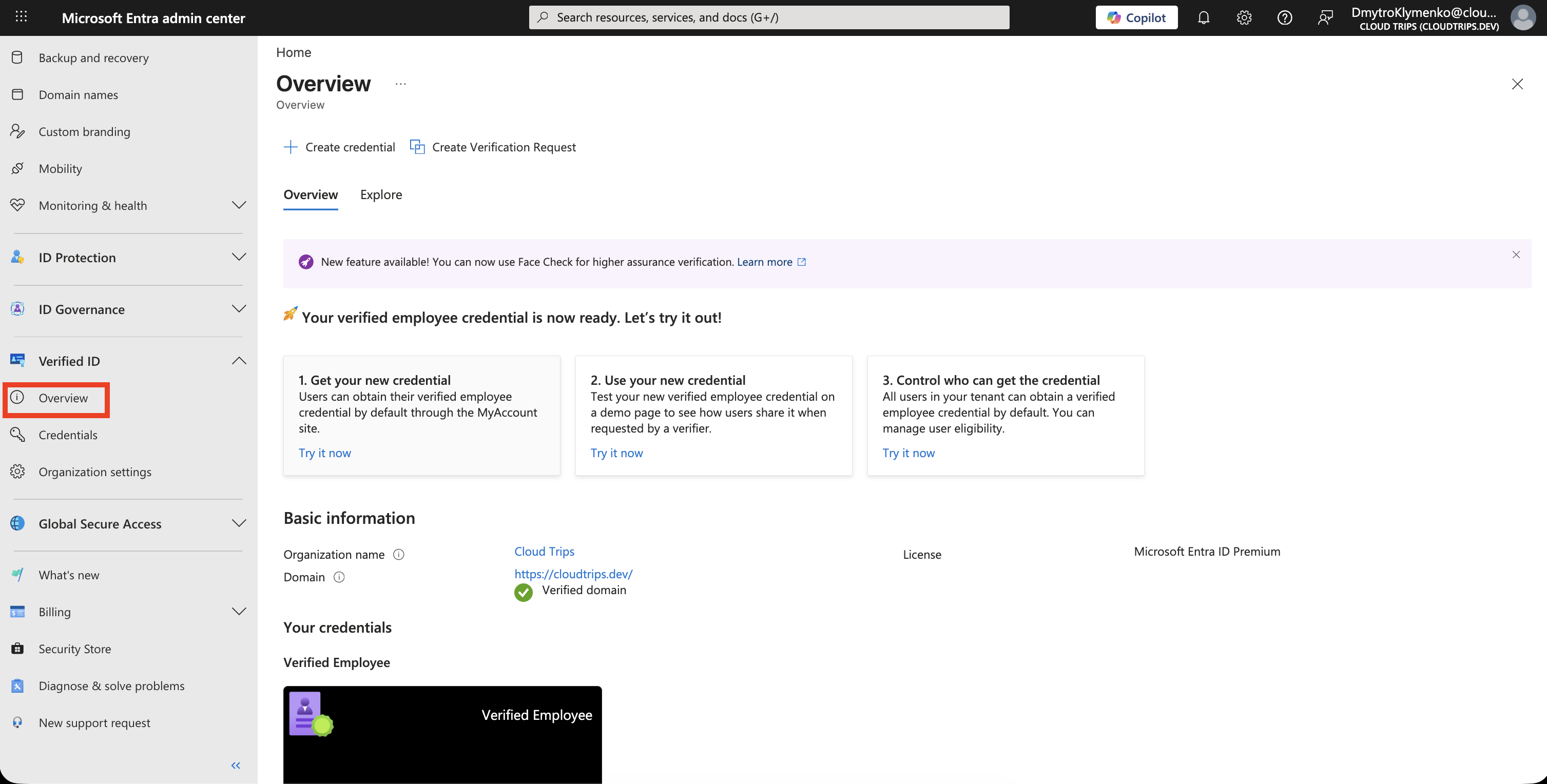 Verified ID Overview zeigt das bereite Verified Employee Credential fuer CloudTrips