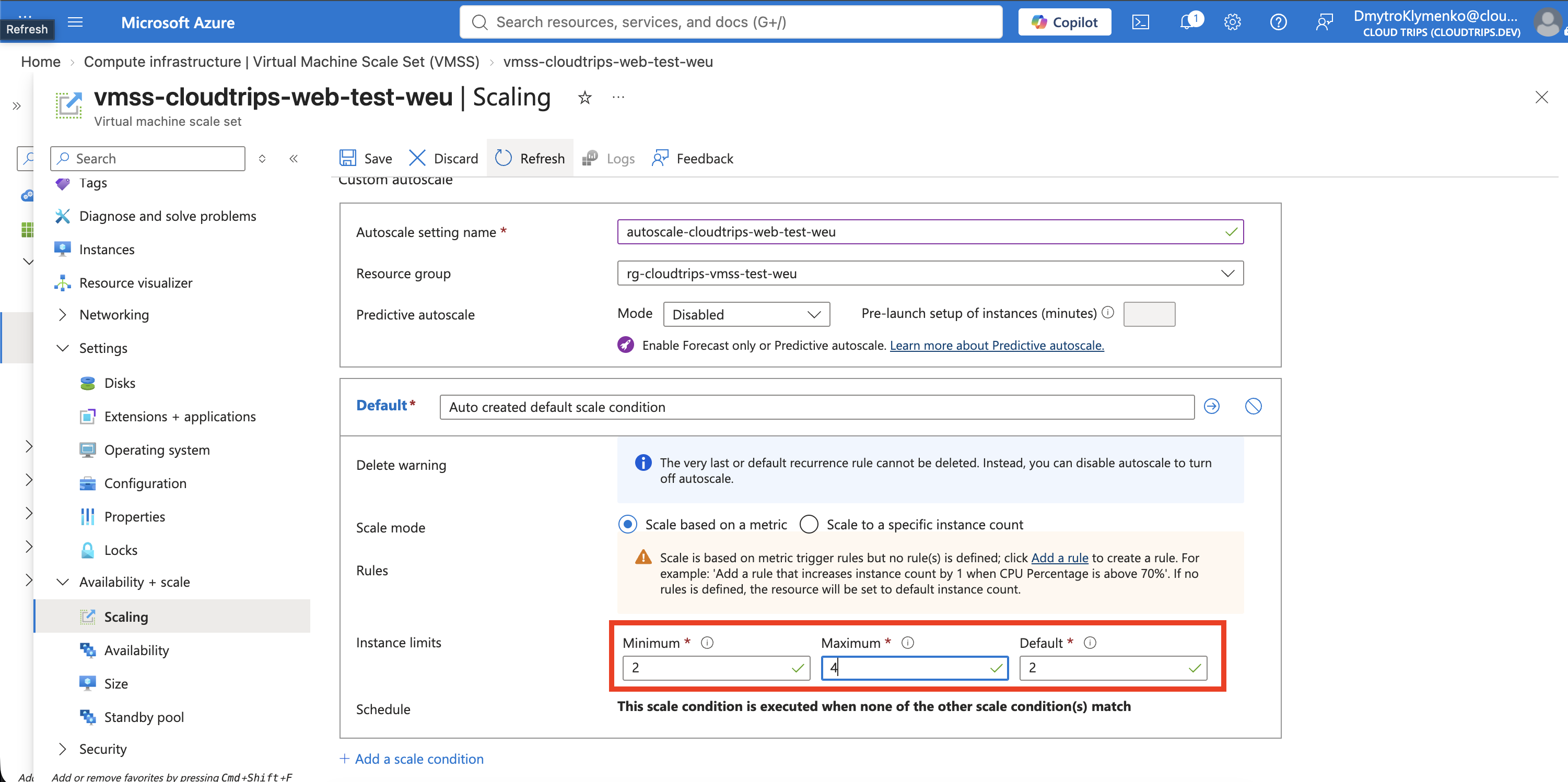 Autoscale setting with minimum two, maximum four, and default two instances