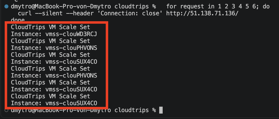 Terminal summary showing responses from three healthy VMSS instances