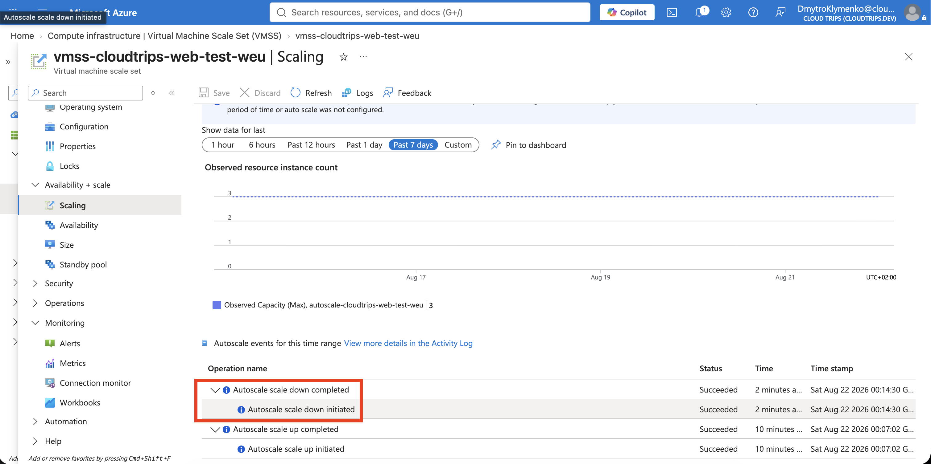 Autoscale run history showing scale-in after CPU utilization decreases