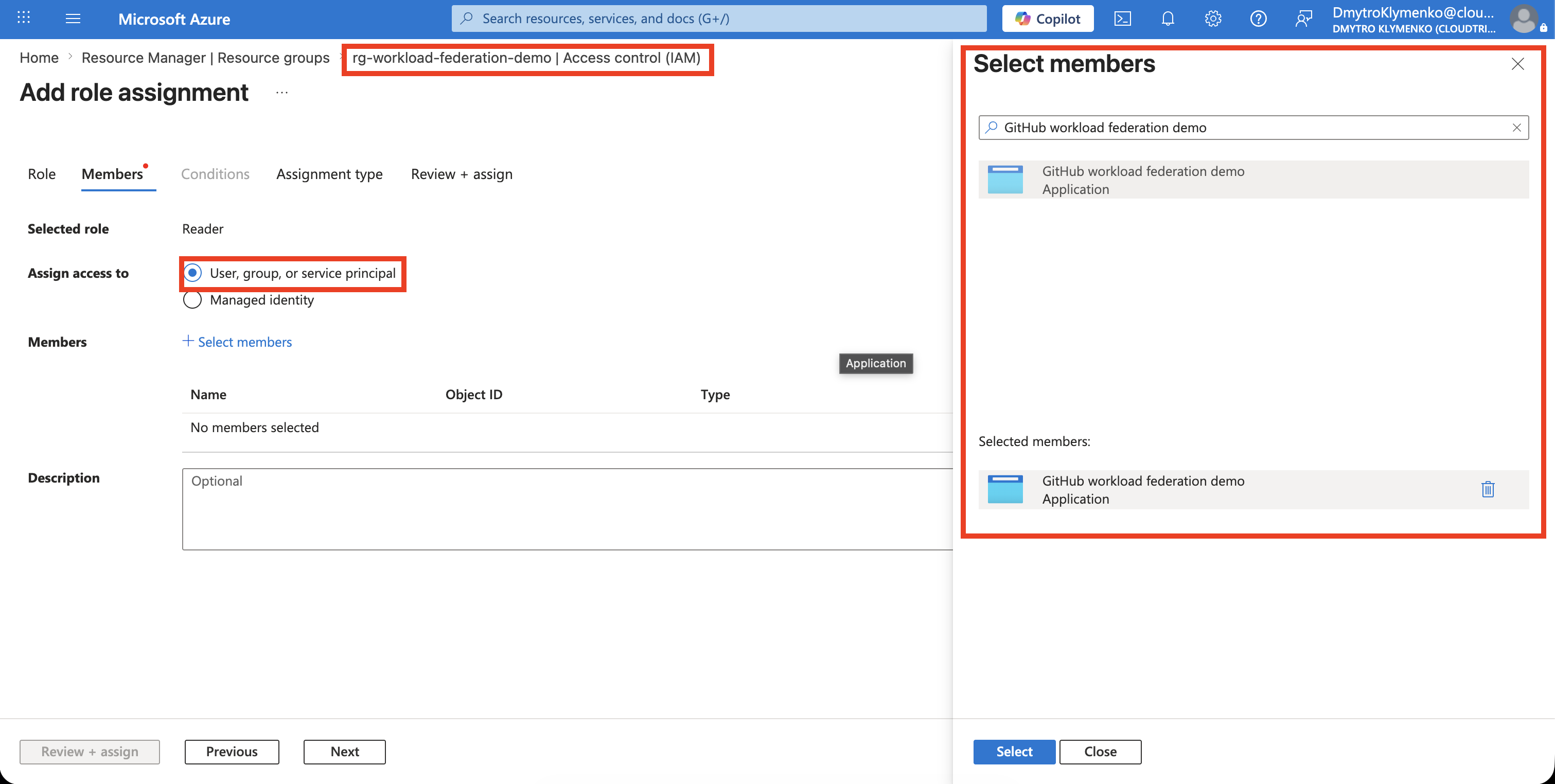Azure role assignment showing the workload service principal at the target scope