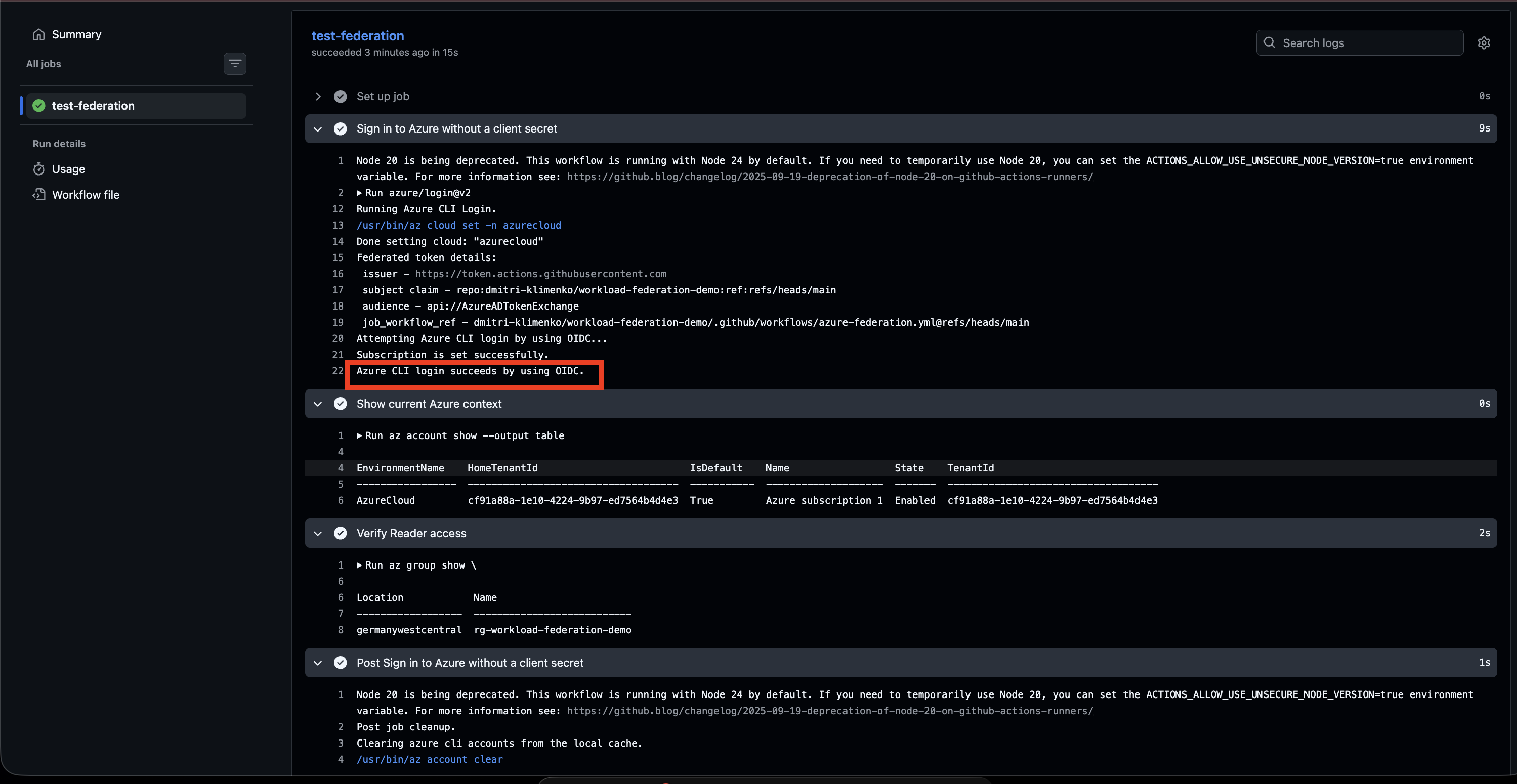 Successful GitHub Actions run showing federated Azure sign-in and the verification step