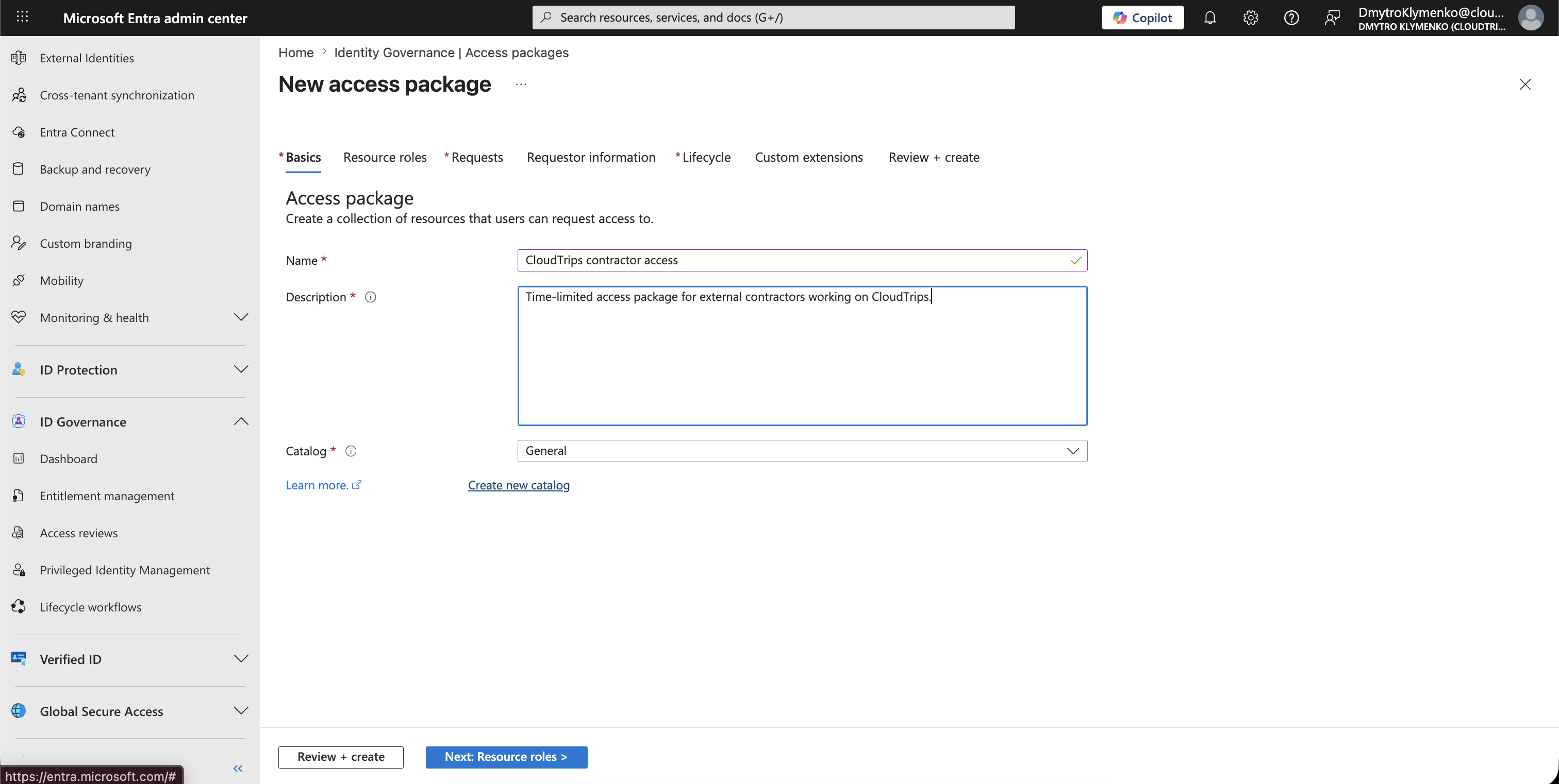 Access package Basics tab with name, description, and catalog