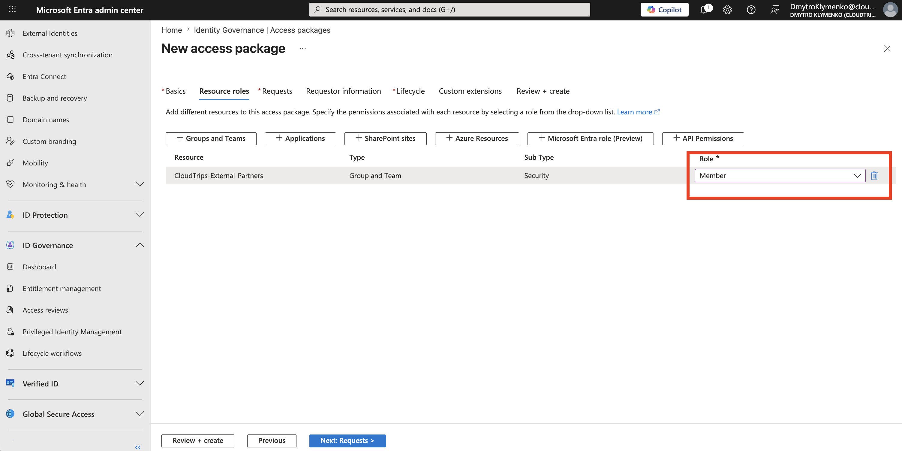 Access package Resource roles tab showing a selected group with Member role