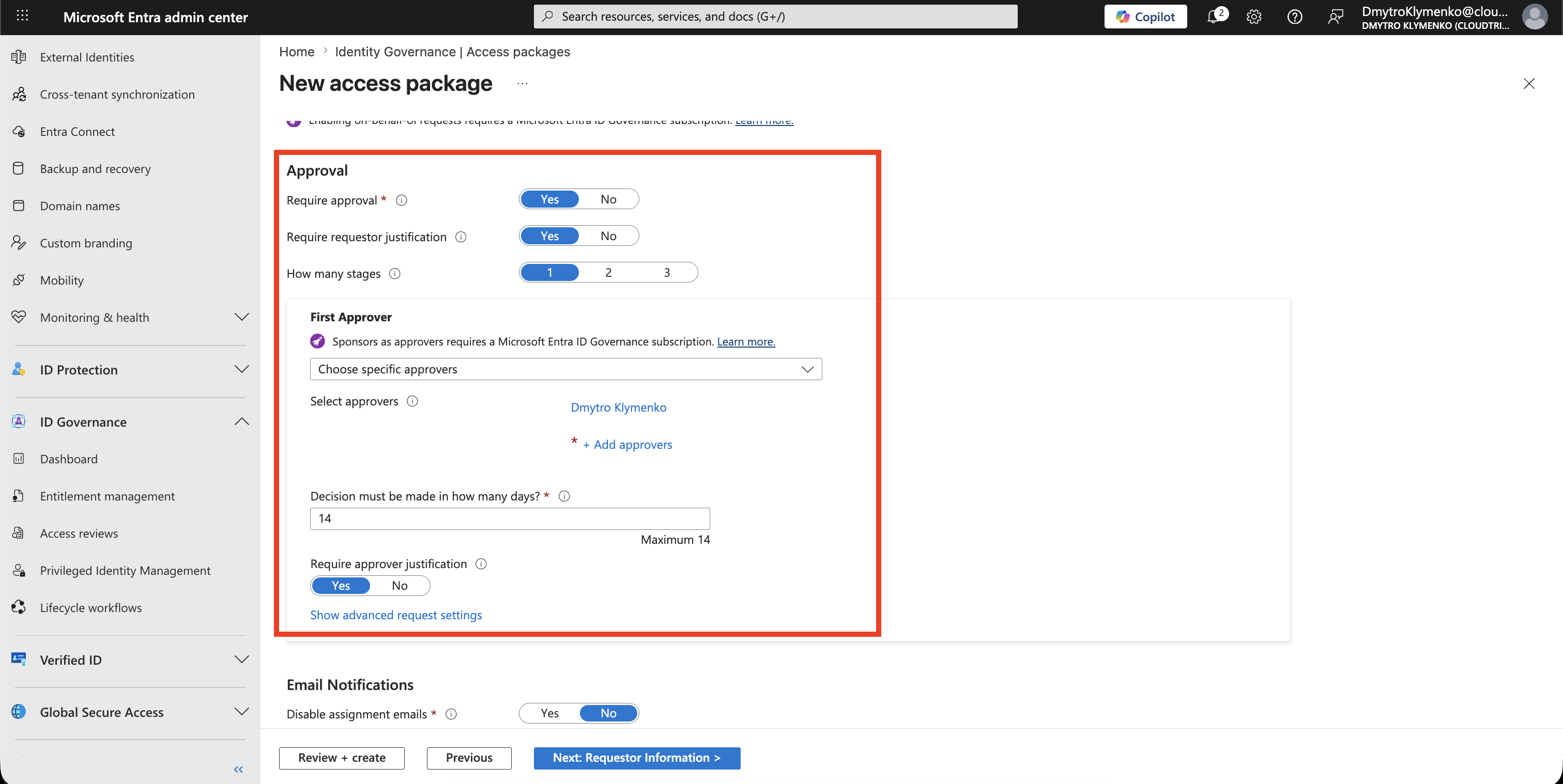 Access package approval settings showing one-stage approval with specific approver