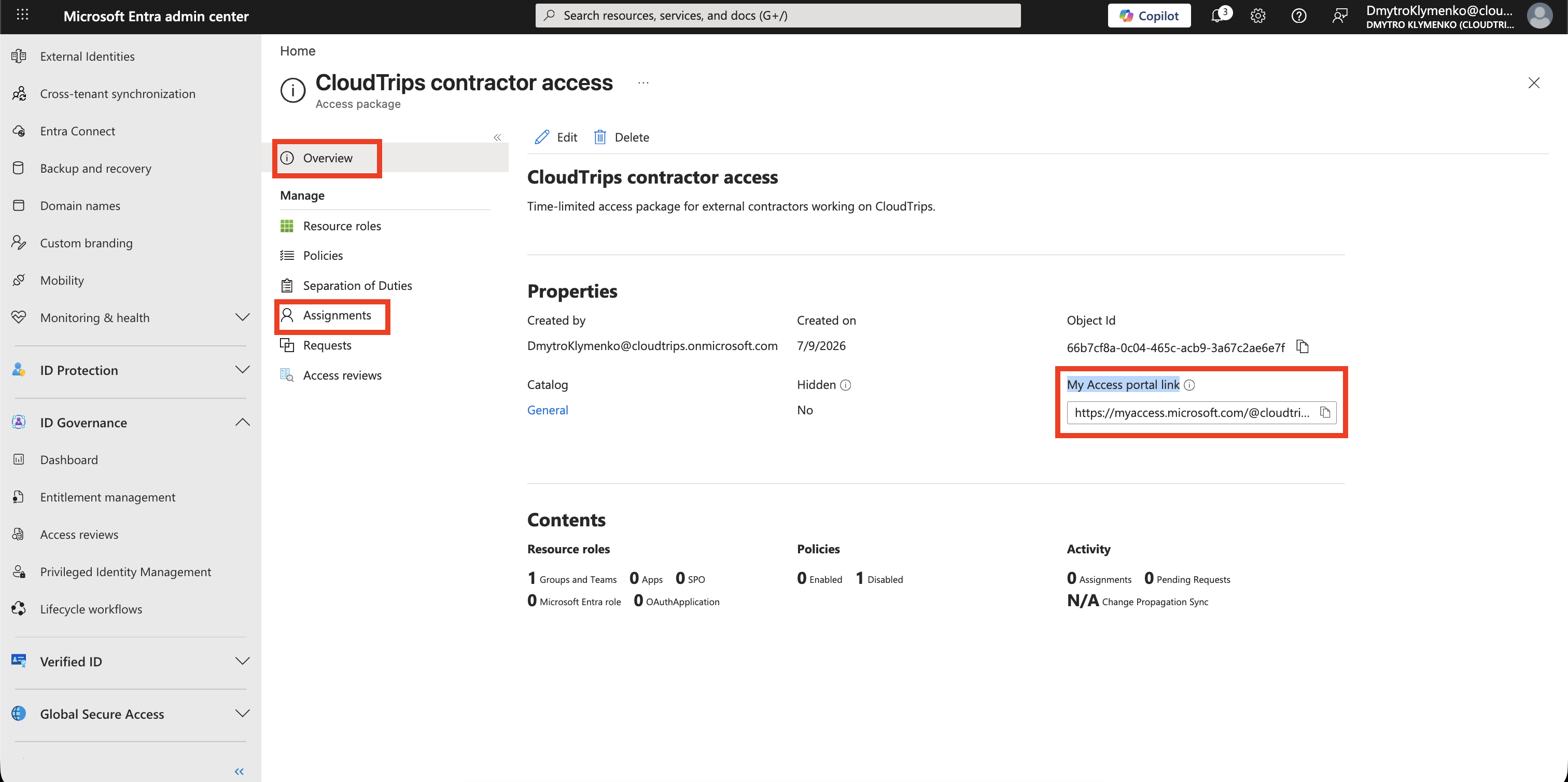 Access package overview showing request link or assignments page