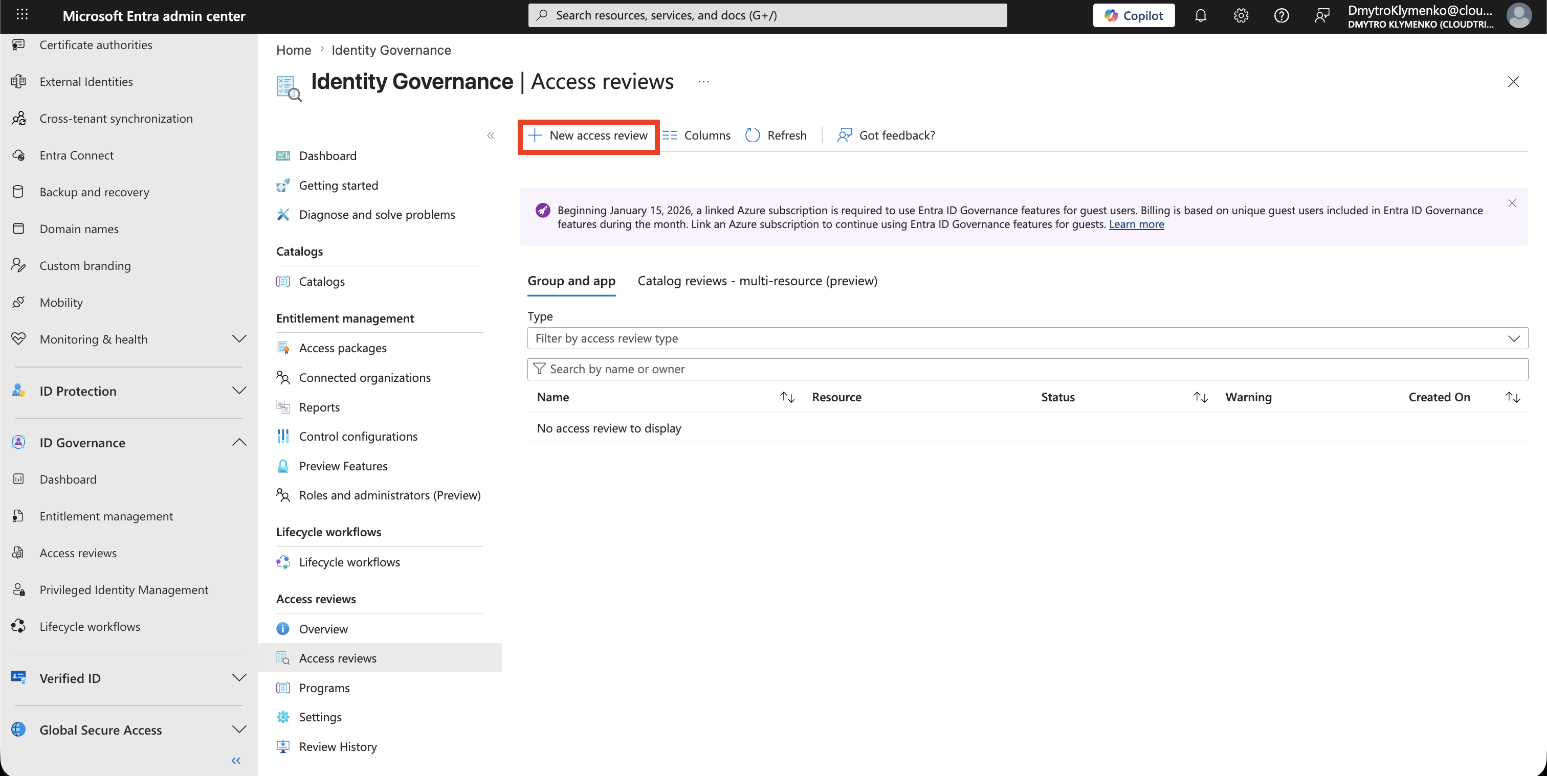Microsoft Entra ID Governance Access Reviews Seite mit New access review