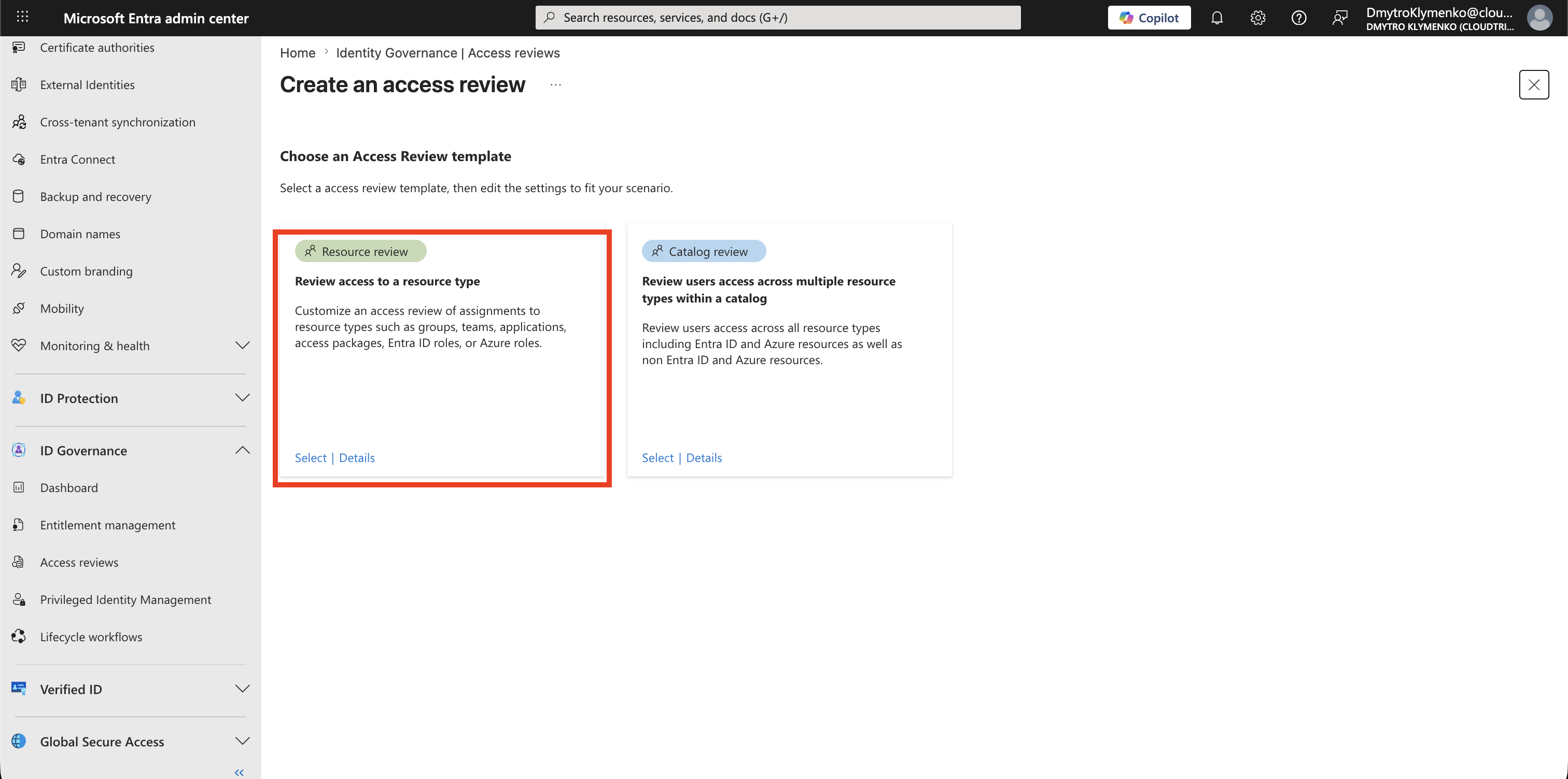 Access Review Template-Seite mit Review access to a resource type