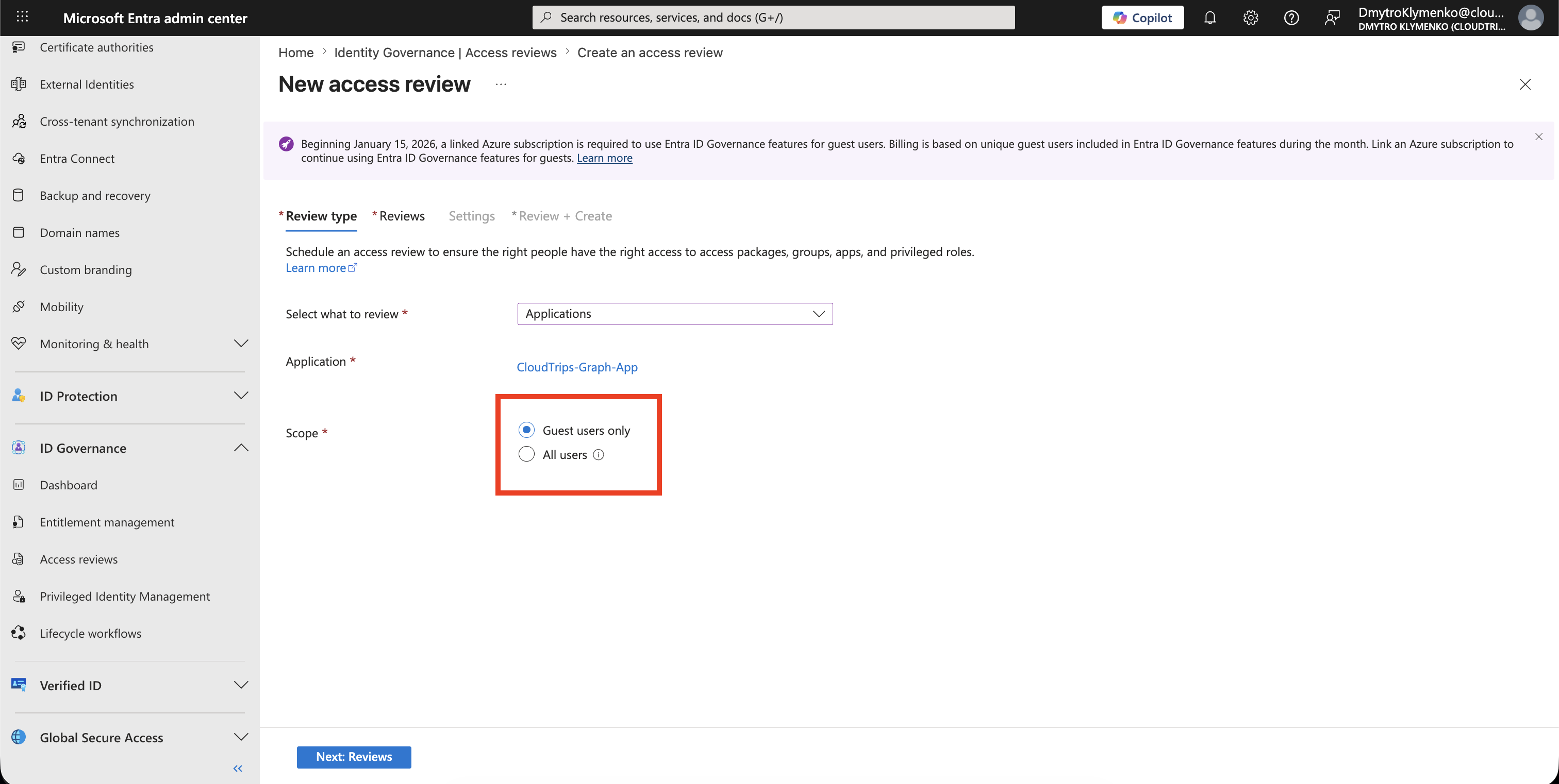 Access Review Scope-Einstellungen mit ausgewaehltem Guest users only