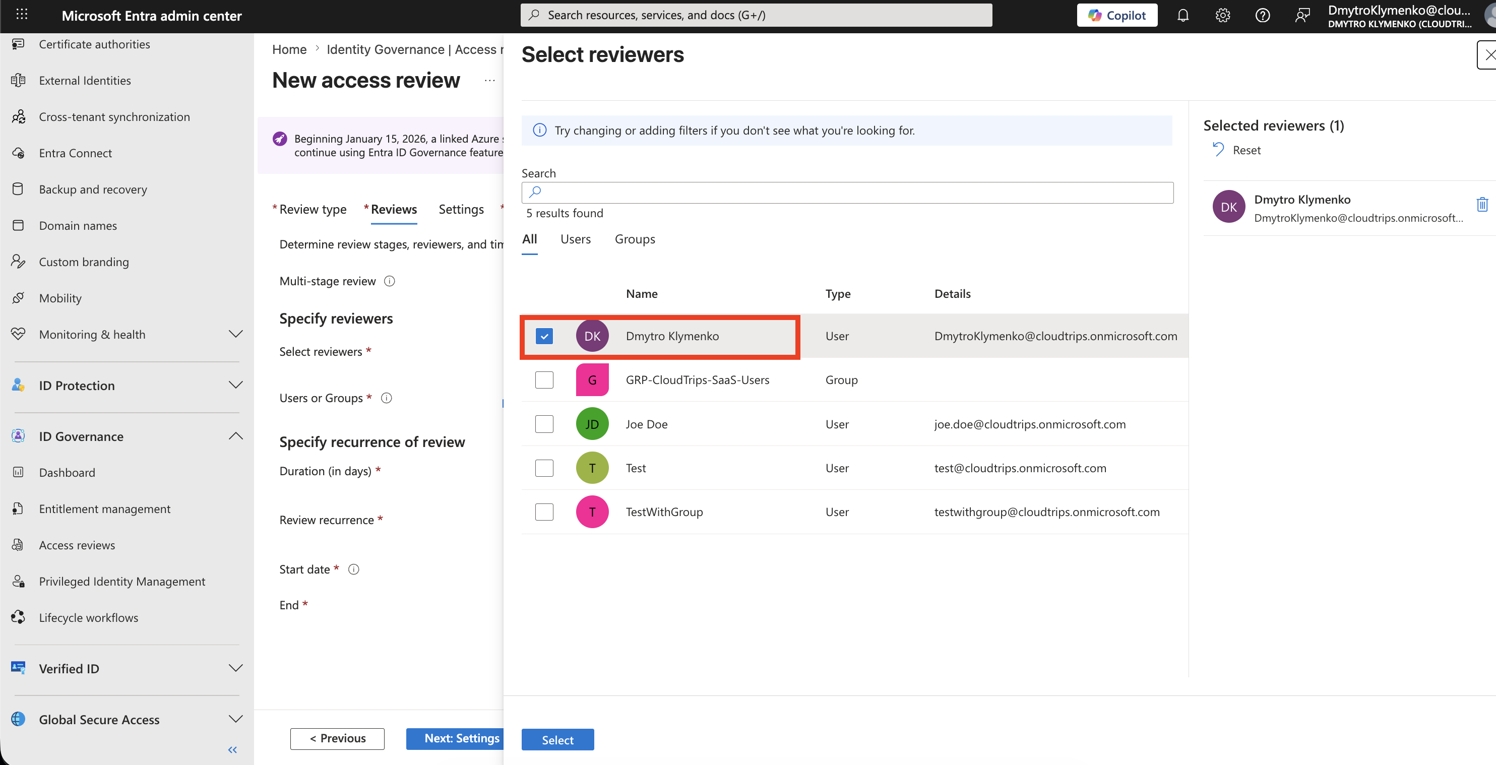 Access Review Reviewer-Einstellungen mit ausgewaehlten Benutzern oder Gruppen und aktuellem Administrator als Reviewer