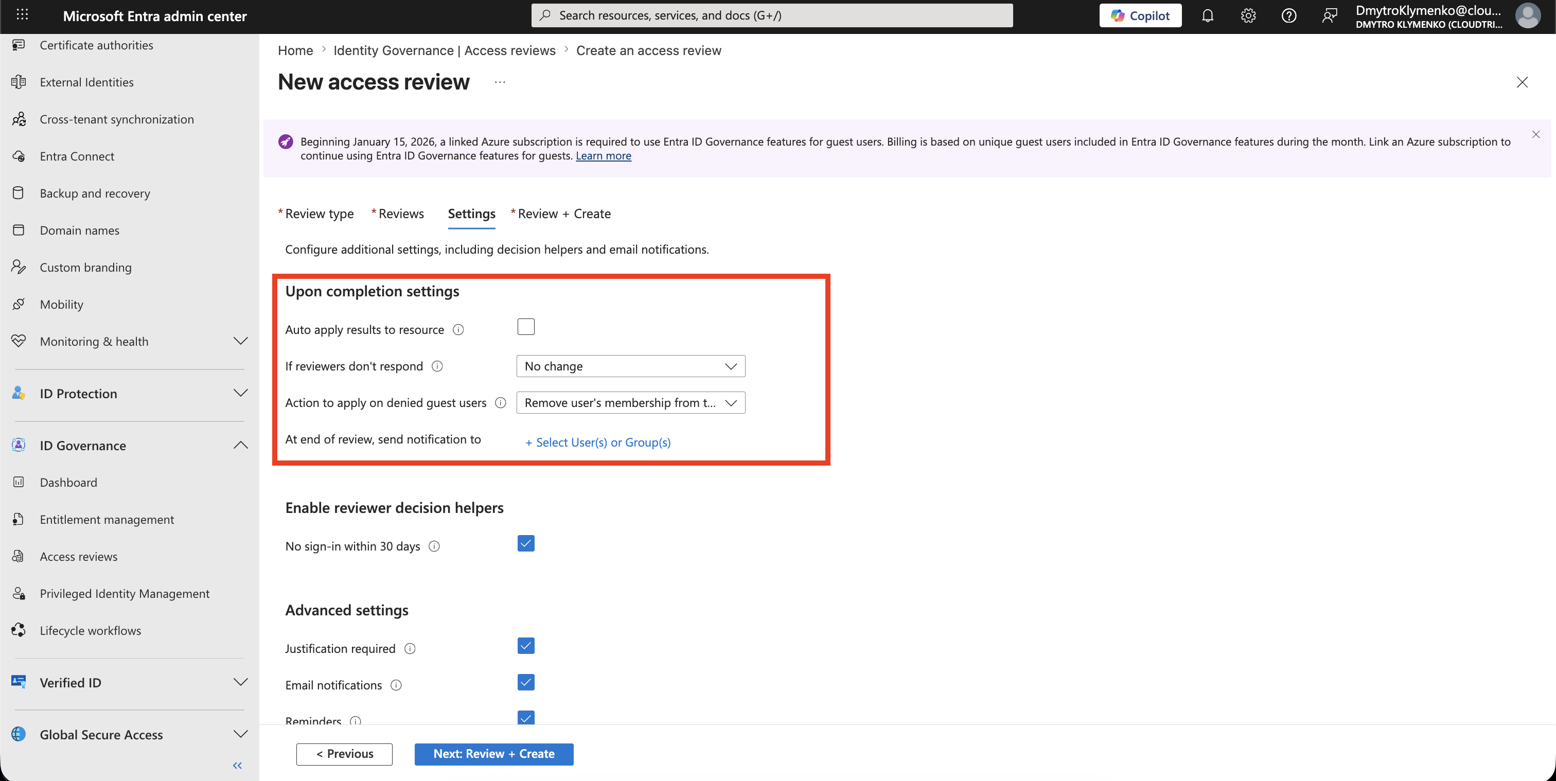 Access Review Abschluss-Einstellungen mit Auto apply und Aktion fuer abgelehnte Gastbenutzer