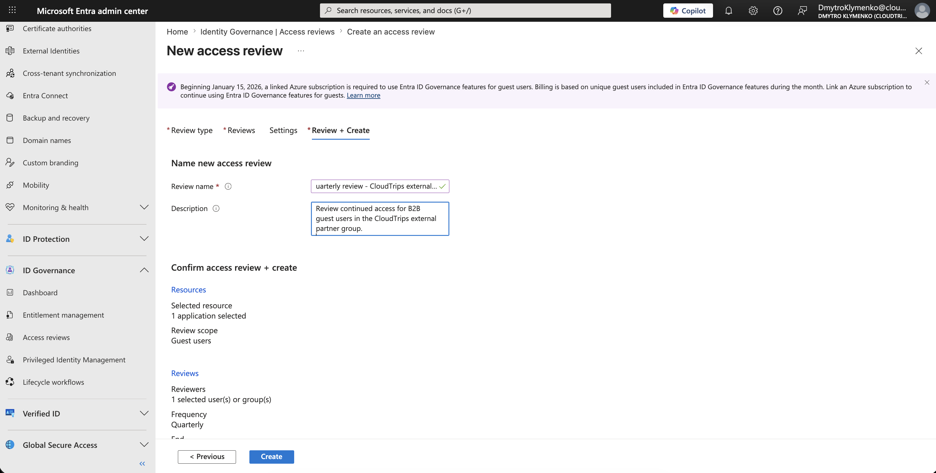 Review and Create Seite mit Access Review Zusammenfassung und Create Button