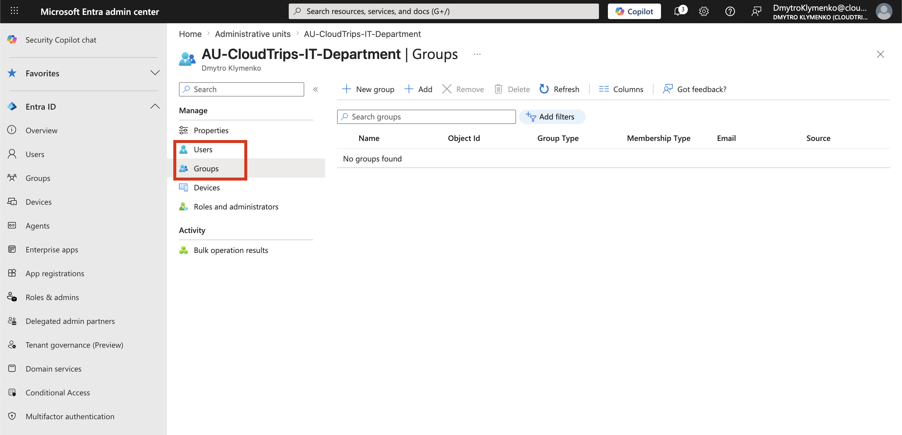 Microsoft Entra Administrative Unit members page showing option to add users and groups to the unit