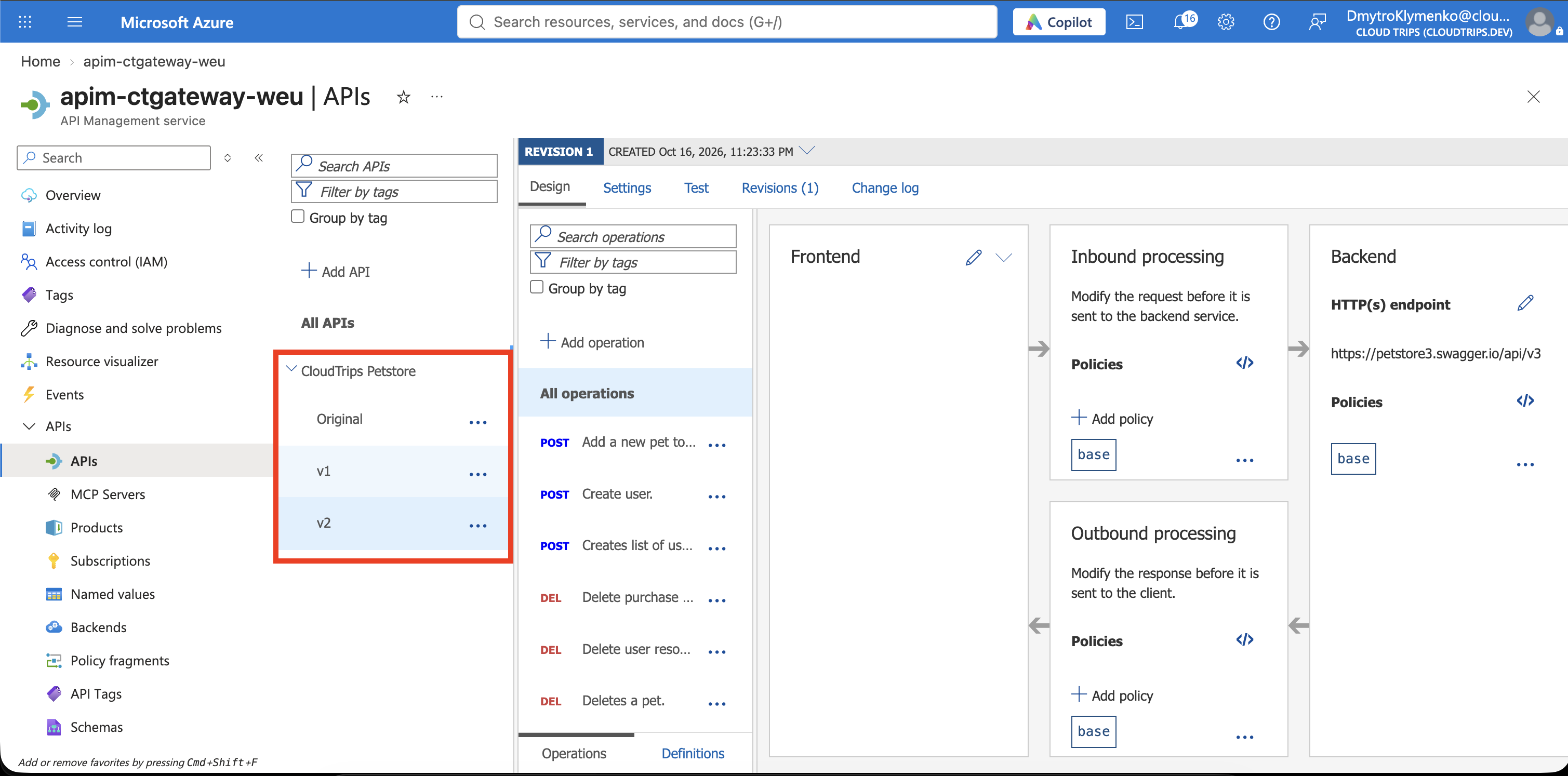 API-Liste mit Original, v1 und v2 im Version Set von CloudTrips Petstore.